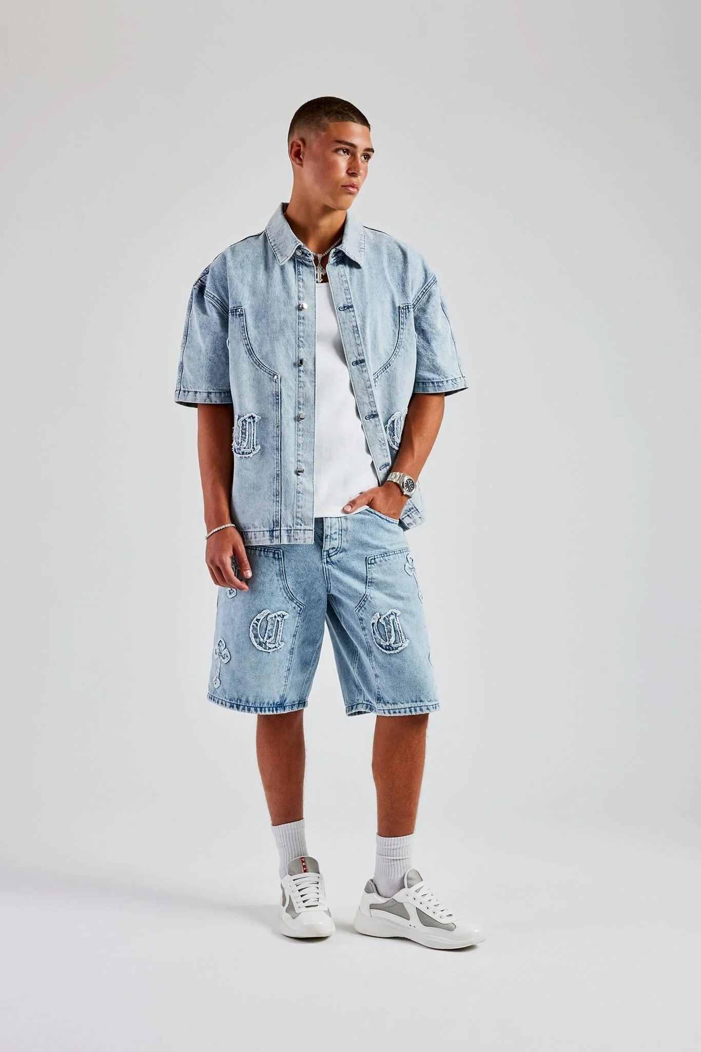 Raw Edge Applique Carpenter Denim Shirt & Bermuda Short - Ice Blue