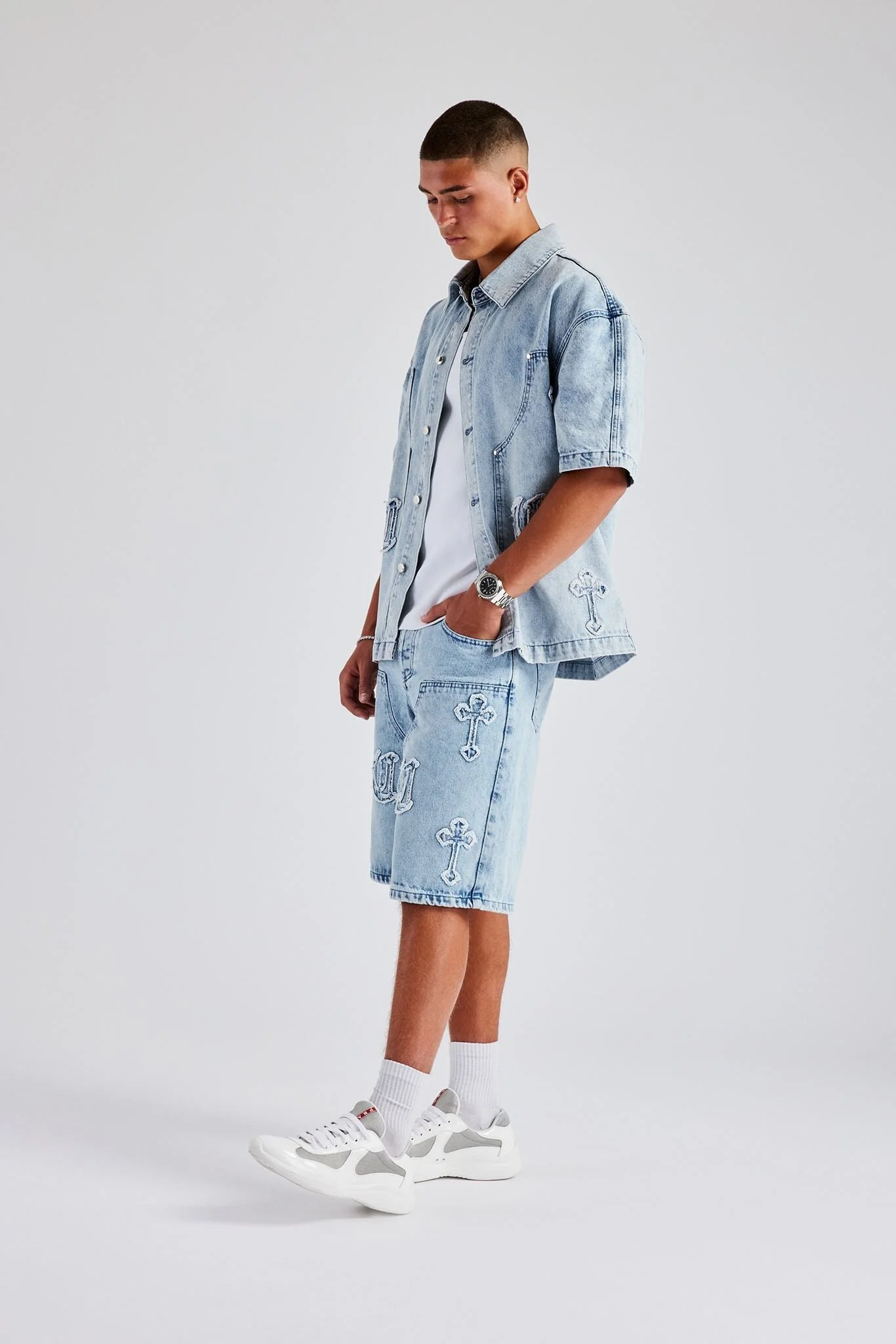 Raw Edge Applique Carpenter Denim Shirt & Bermuda Short - Ice Blue - Image 5