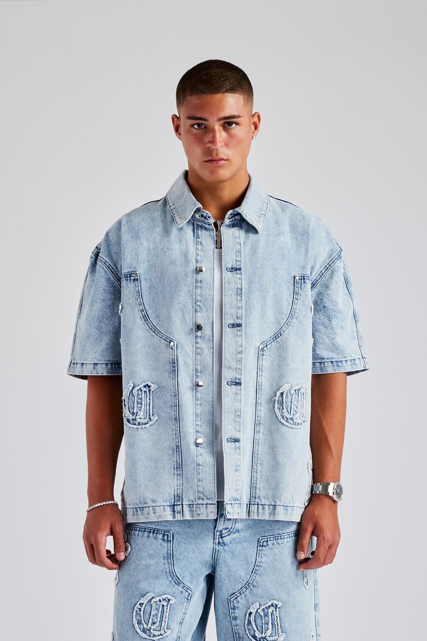 Raw Edge Applique Carpenter Denim Shirt - Ice Blue - Image 2