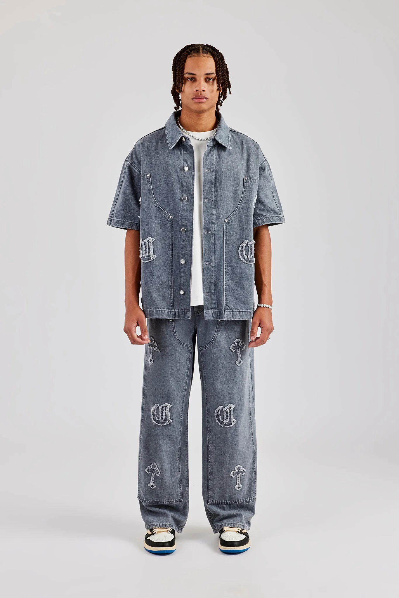 Raw Edge Applique Carpenter Denim Shirt & Jeans - Washed Grey - Image 2