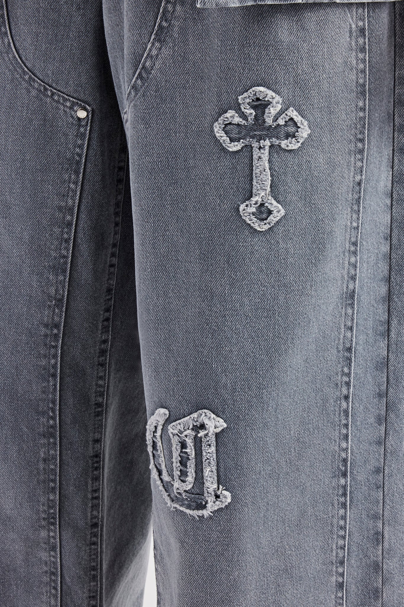 Raw Edge Applique Carpenter Denim Shirt & Jeans - Washed Grey - Image 5