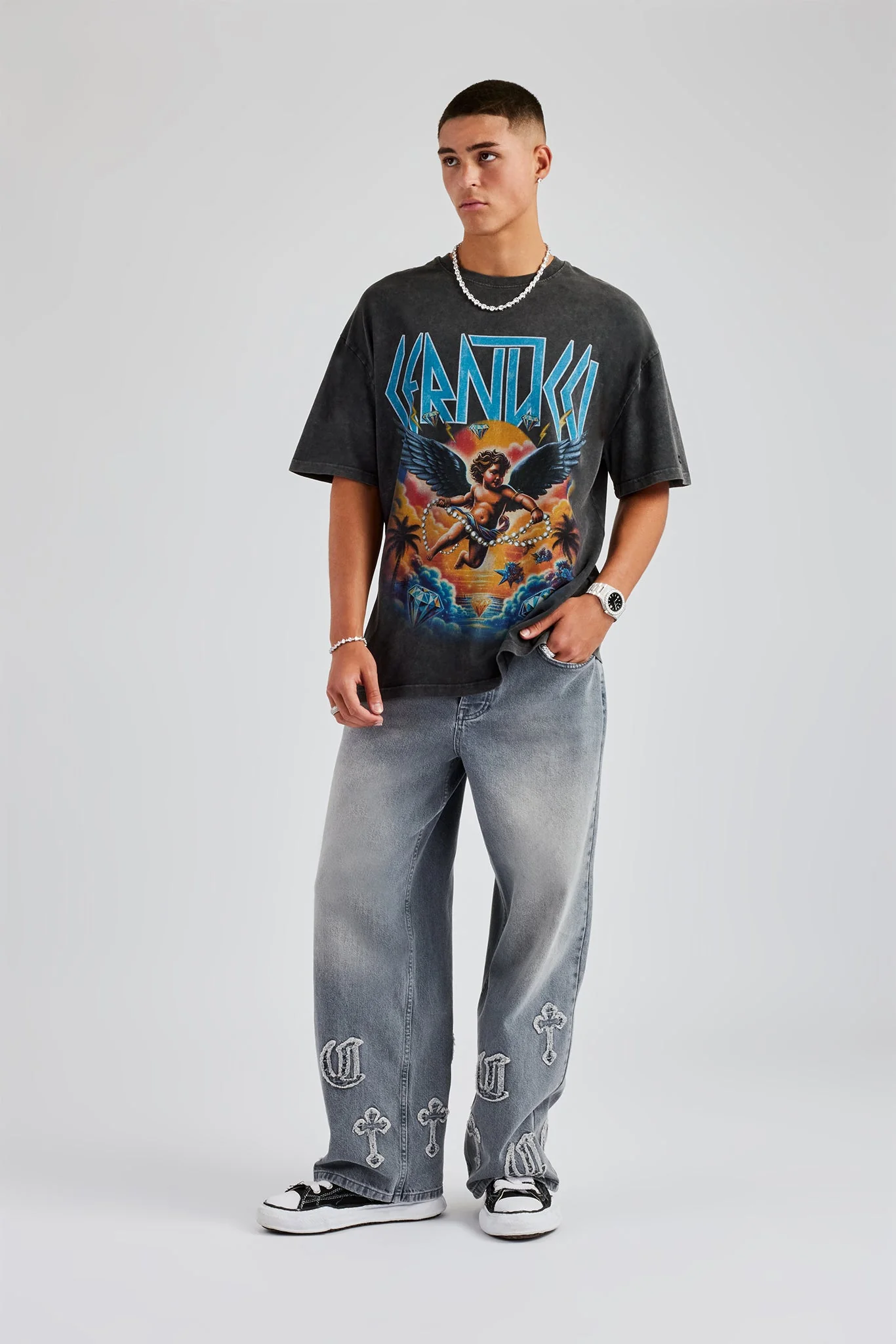 Raw Edge Applique Cross Baggy Jean - Grey Wash - Image 4
