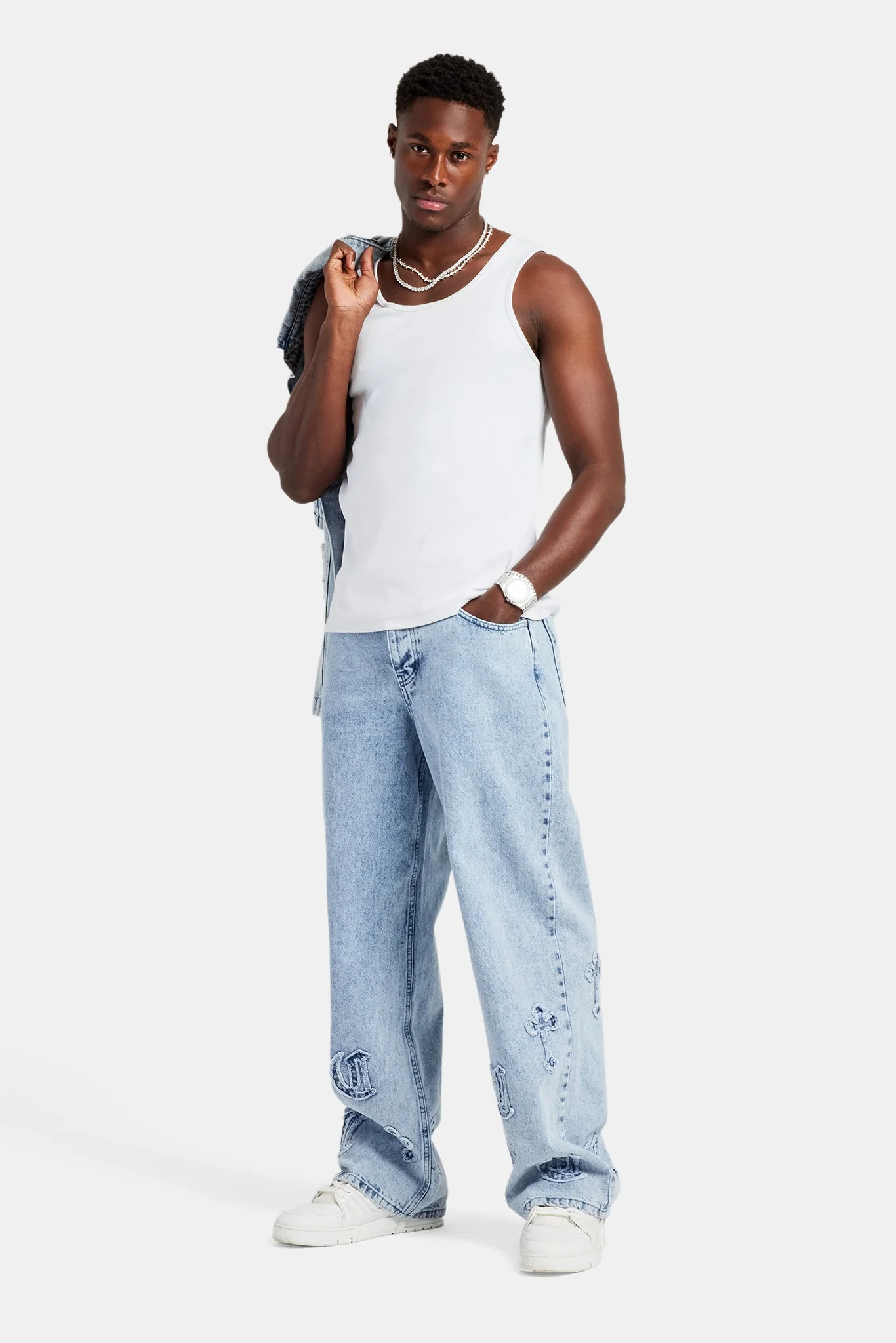 Raw Edge Applique Cross Baggy Jean - Light Blue - Image 2