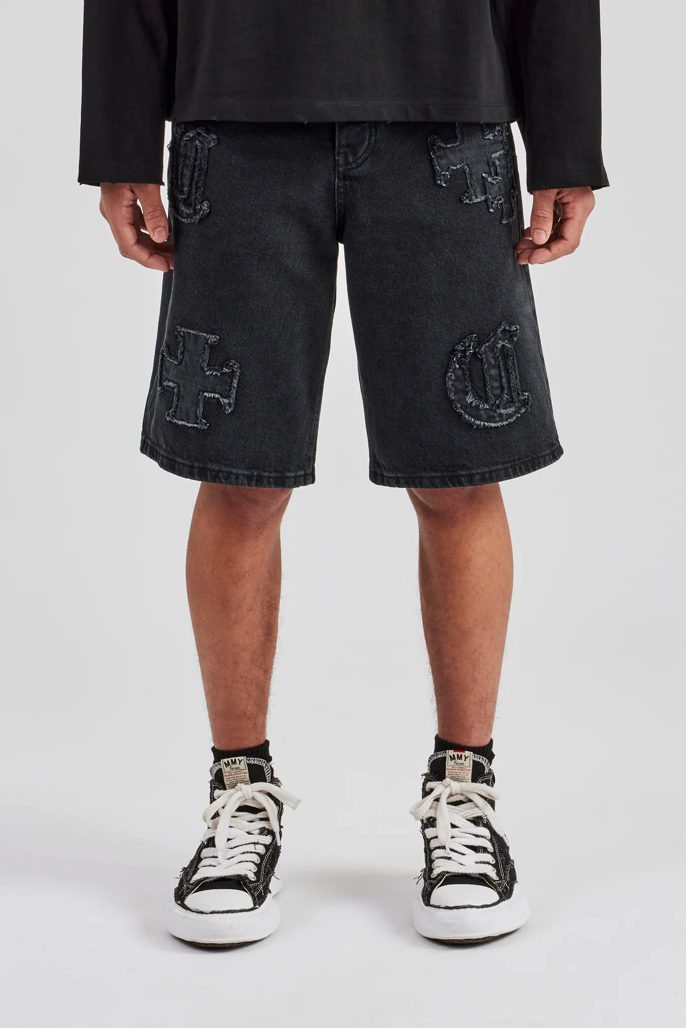 Raw Edge Applique Denim Bermuda Short - Black - Image 2