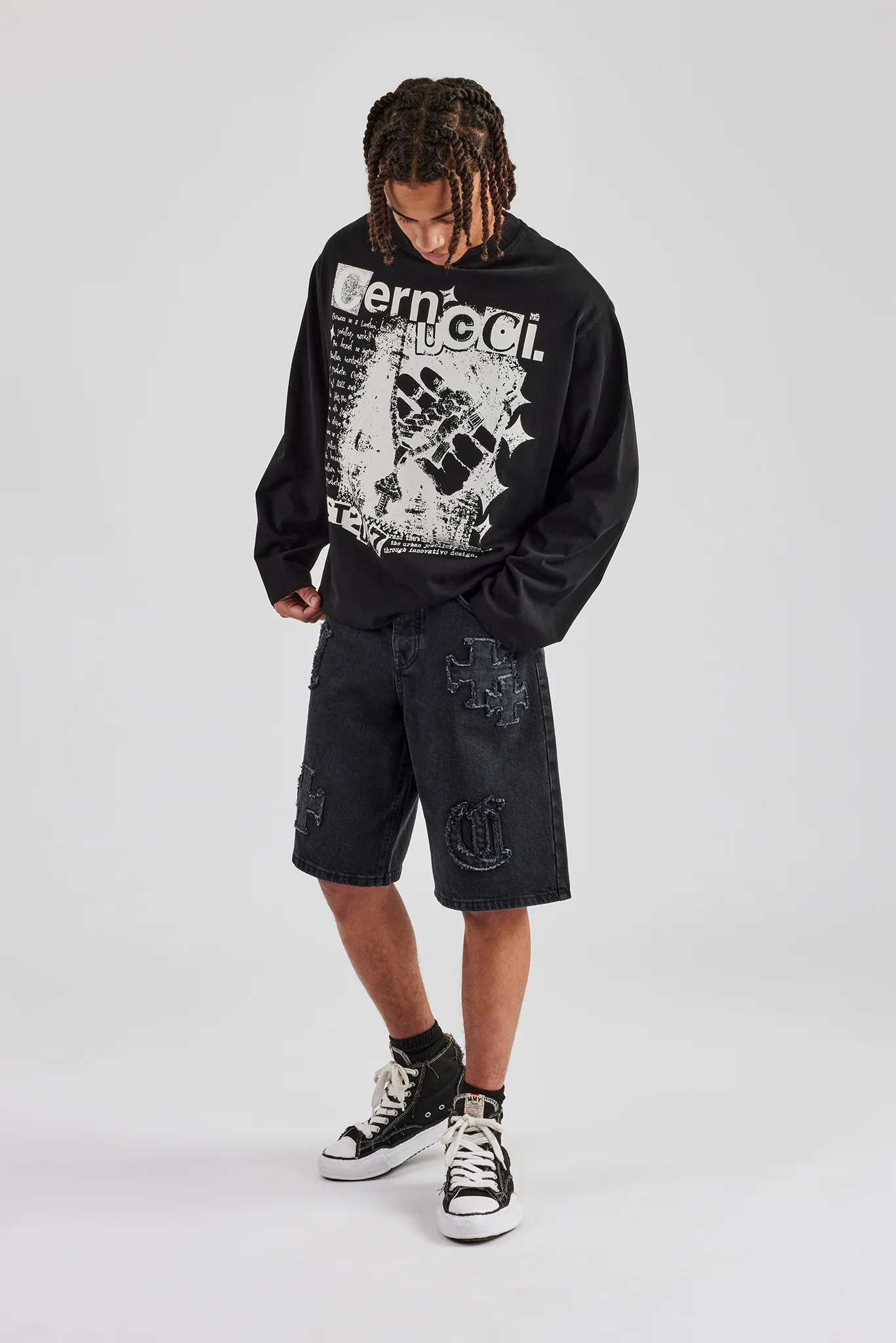 Raw Edge Applique Denim Bermuda Short - Black - Image 5