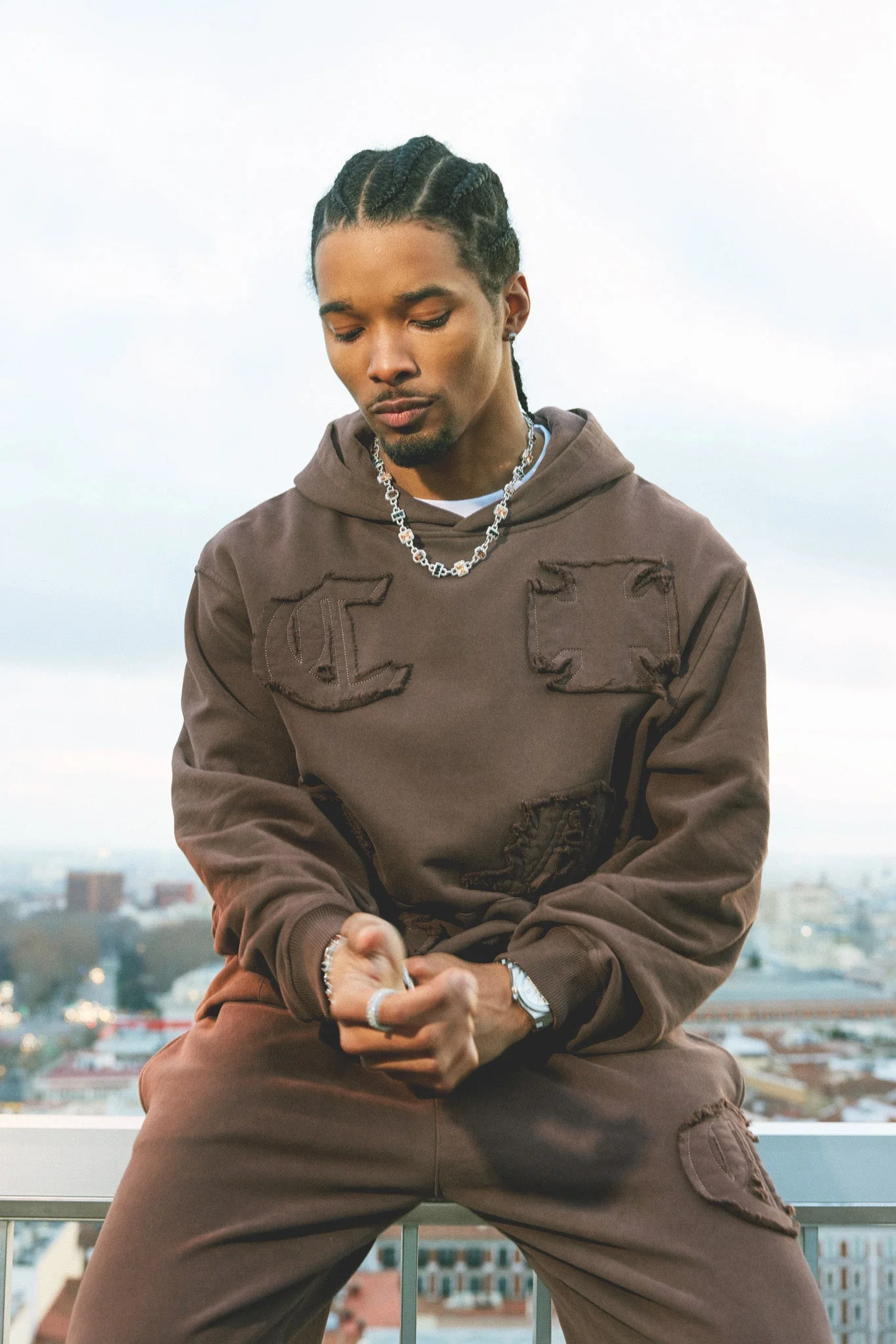 Raw Edge Applique Hoodie  - Brown - Image 4