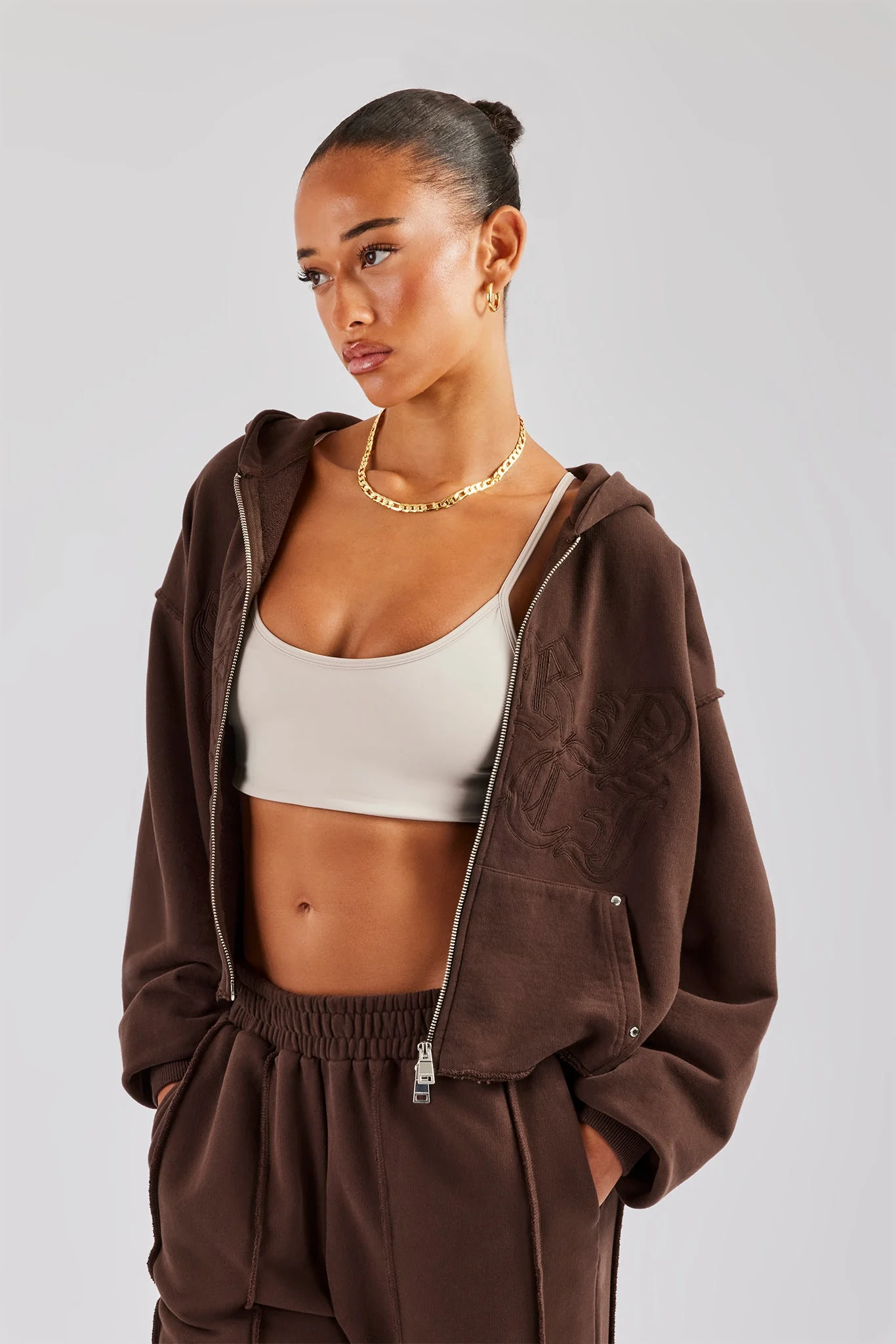 Raw Edge Zip Through Hoodie and Jogger Set - Chocolate - Image 4
