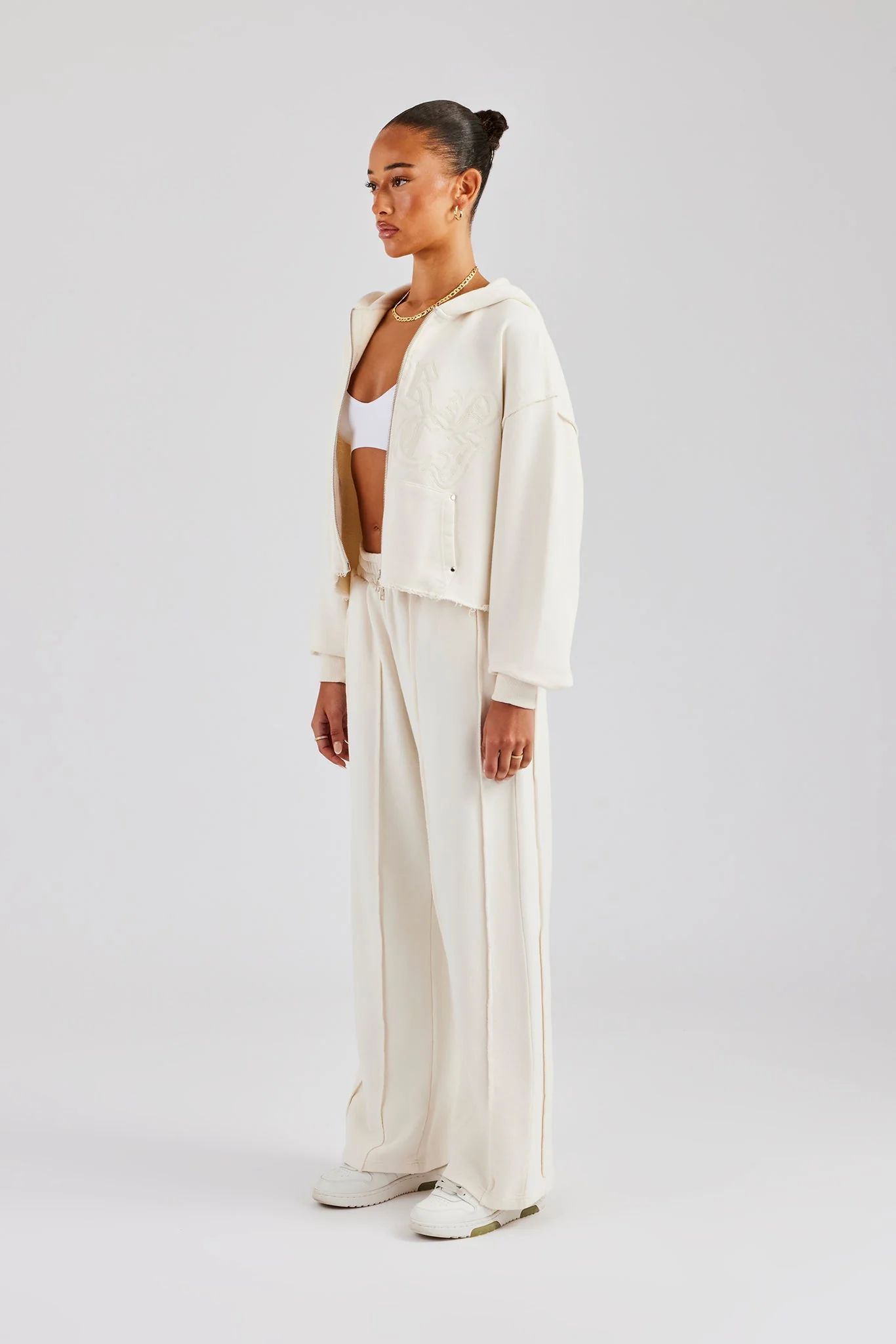 Raw Edge Zip Through Hoodie and Jogger Set - Off White - Image 4