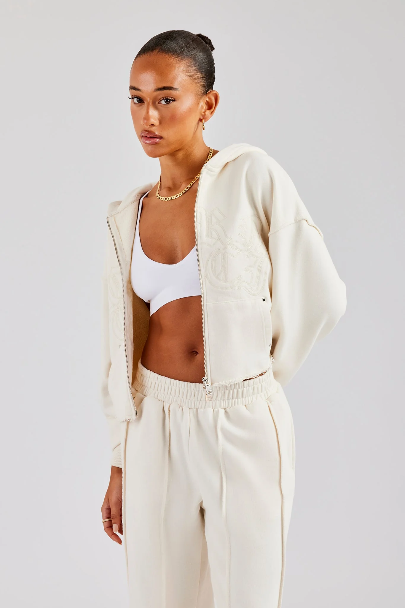 Raw Edge Zip Through Hoodie - Off White - Image 3