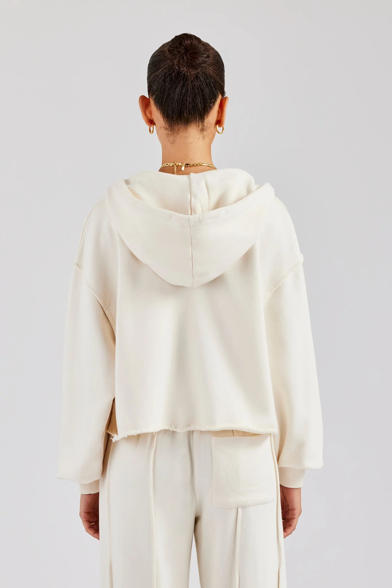Raw Edge Zip Through Hoodie - Off White - Image 4