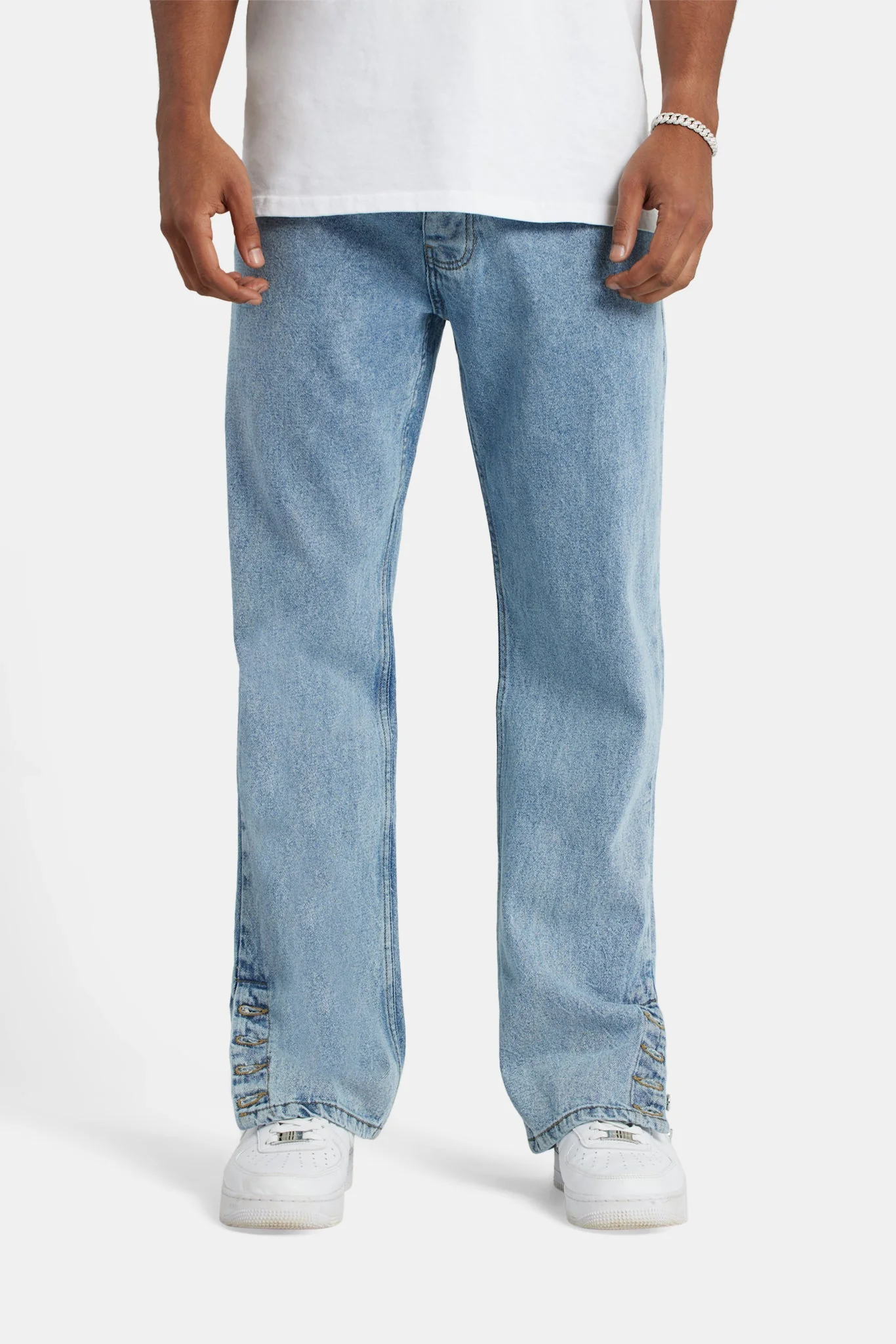 Relaxed Button Hem Detail Jeans - Light Blue - Image 3