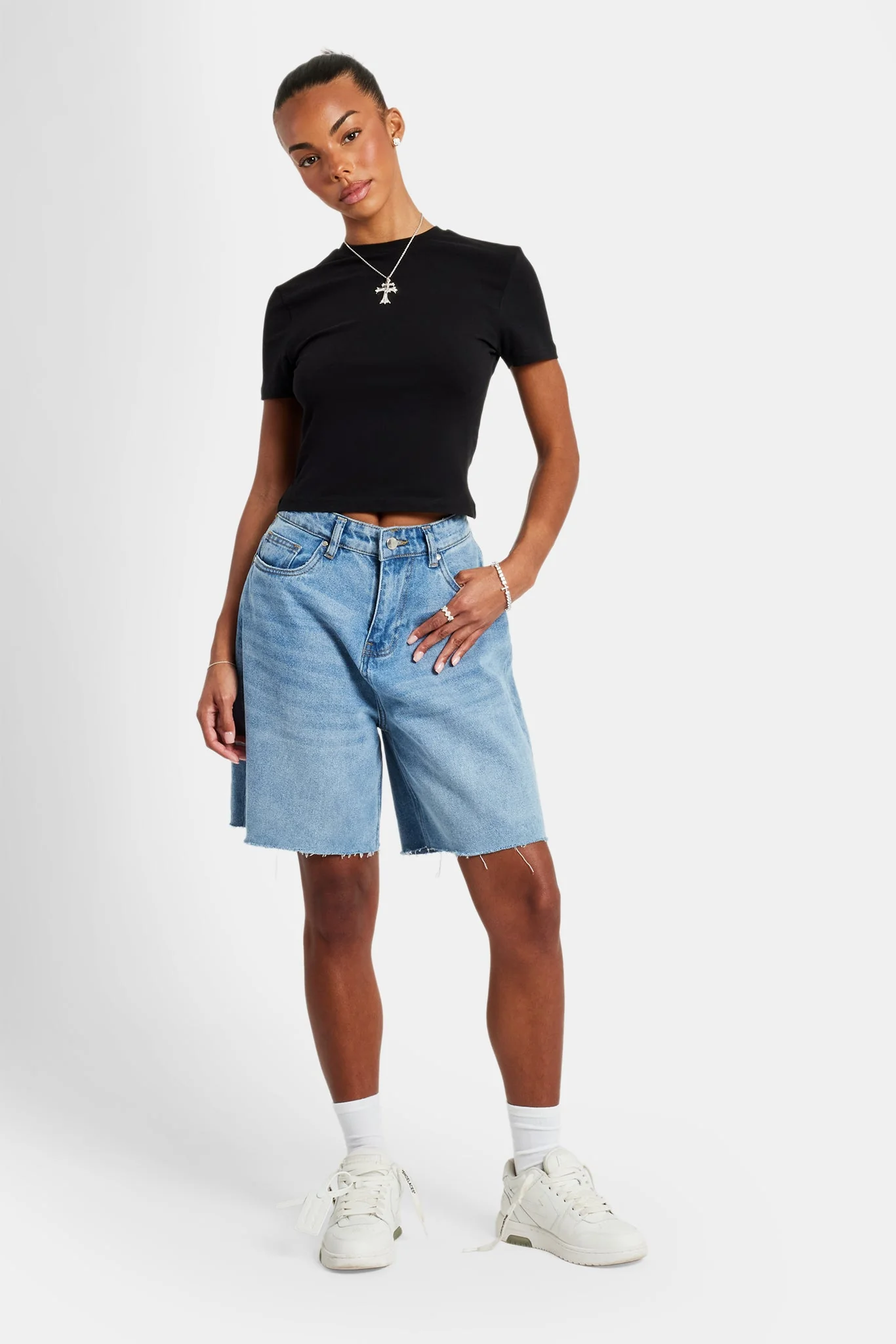 Relaxed Fit Raw Hem Bermuda Shorts - Image 4