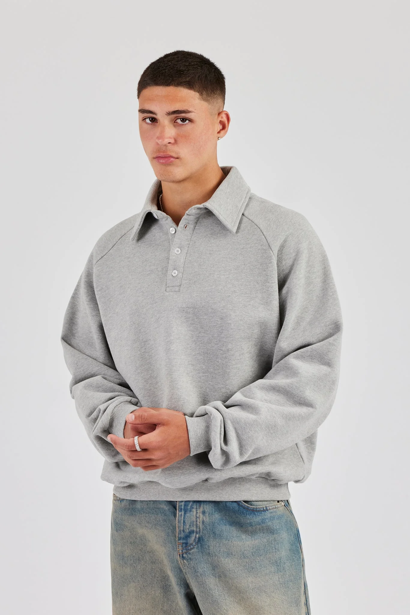 Relaxed Polo Sweatshirt - Grey Marl - Image 4