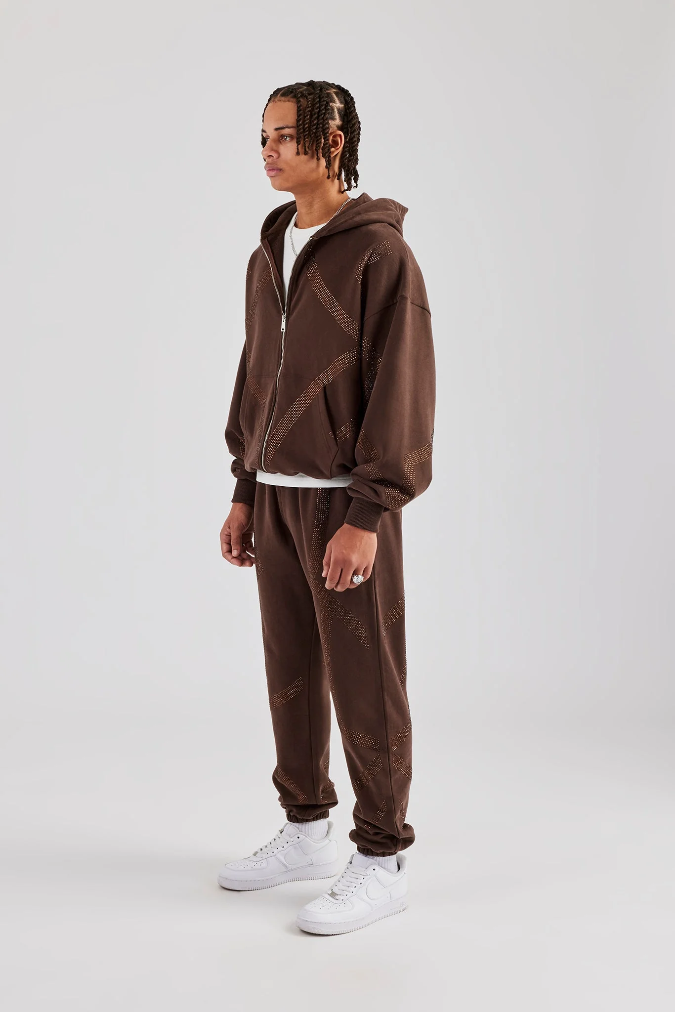 Rhinestone Cross Zip Through Tracksuit - Brown - Image 2
