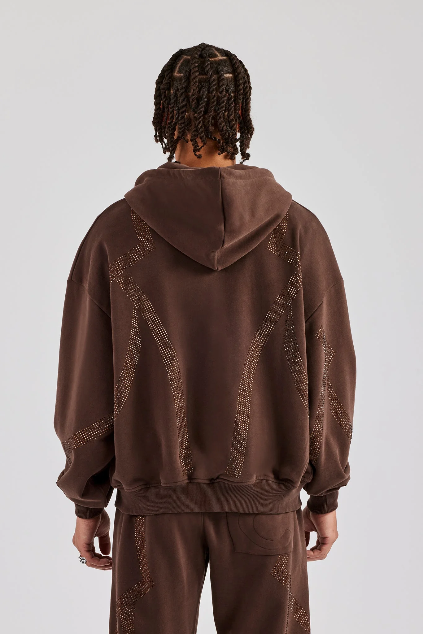 Rhinestone Diamond Zip Through Hoodie - Chocolate - Image 2