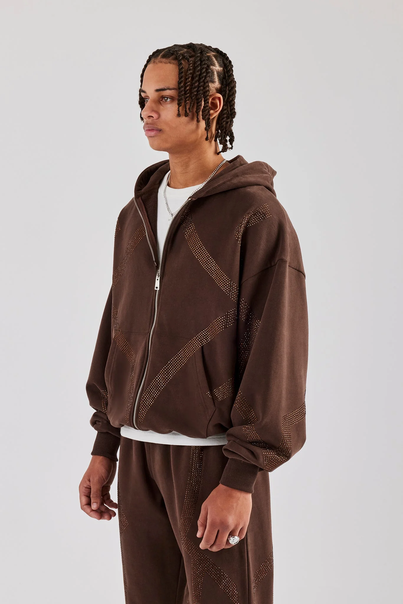 Rhinestone Diamond Zip Through Hoodie - Chocolate - Image 4