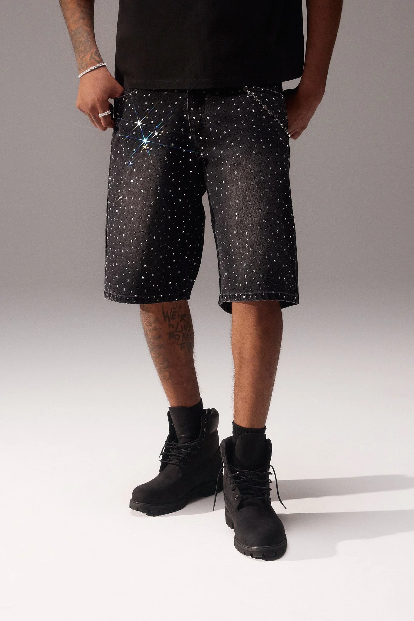 Rhinestone Jort - Washed Black