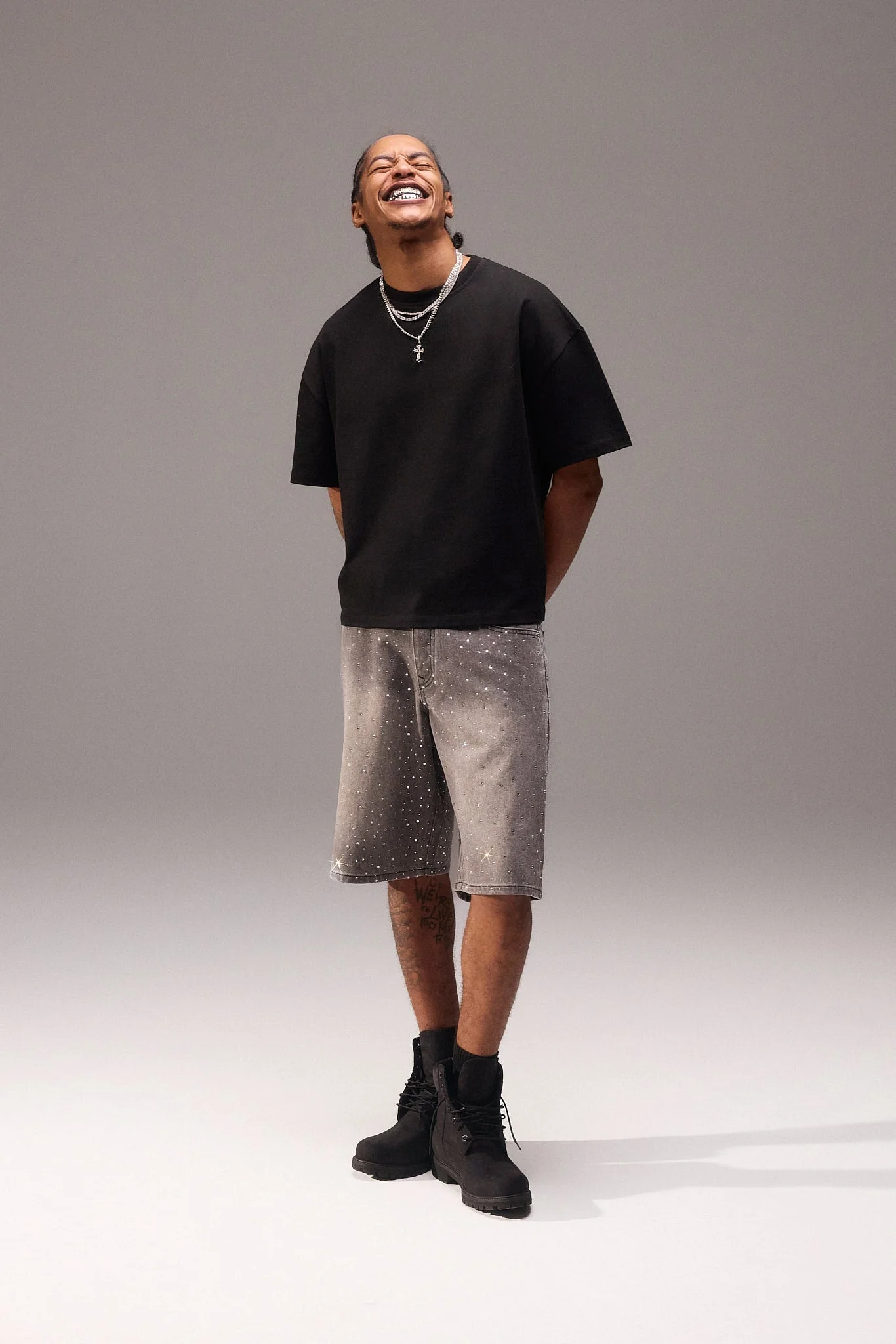 Rhinestone Jort - Washed Grey