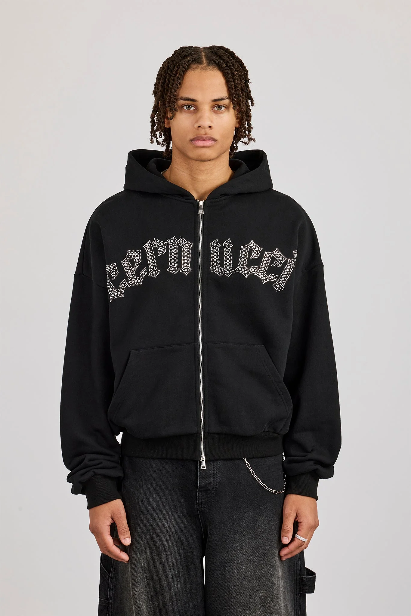 Rhinestone Logo Zip Hoodie - Black - Image 4
