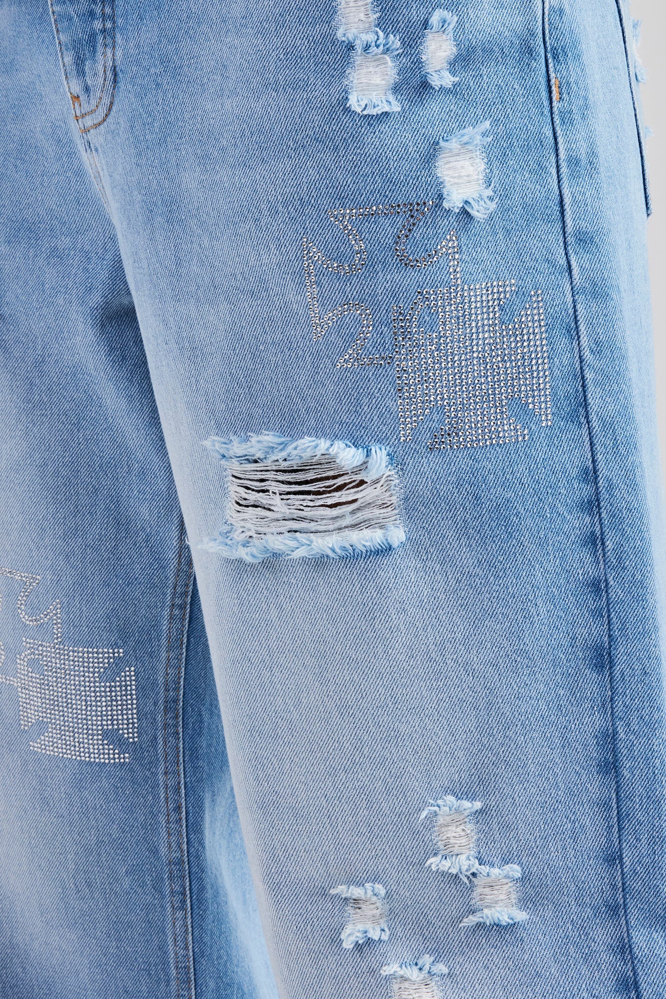 Rhinestone Motif Baggy Jean - Mid Blue - Image 2