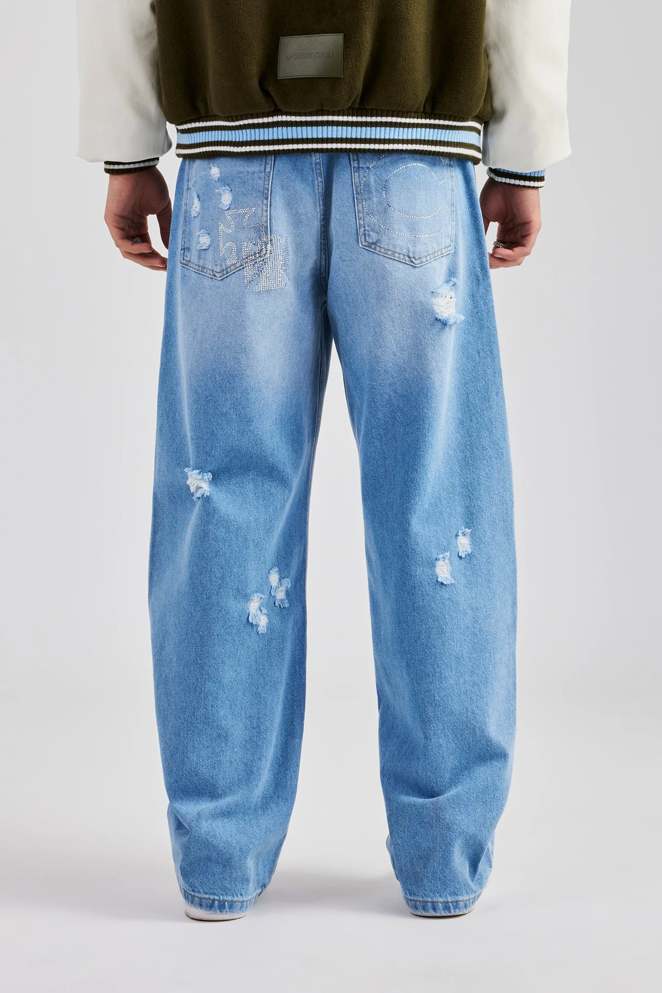 Rhinestone Motif Baggy Jean - Mid Blue - Image 4