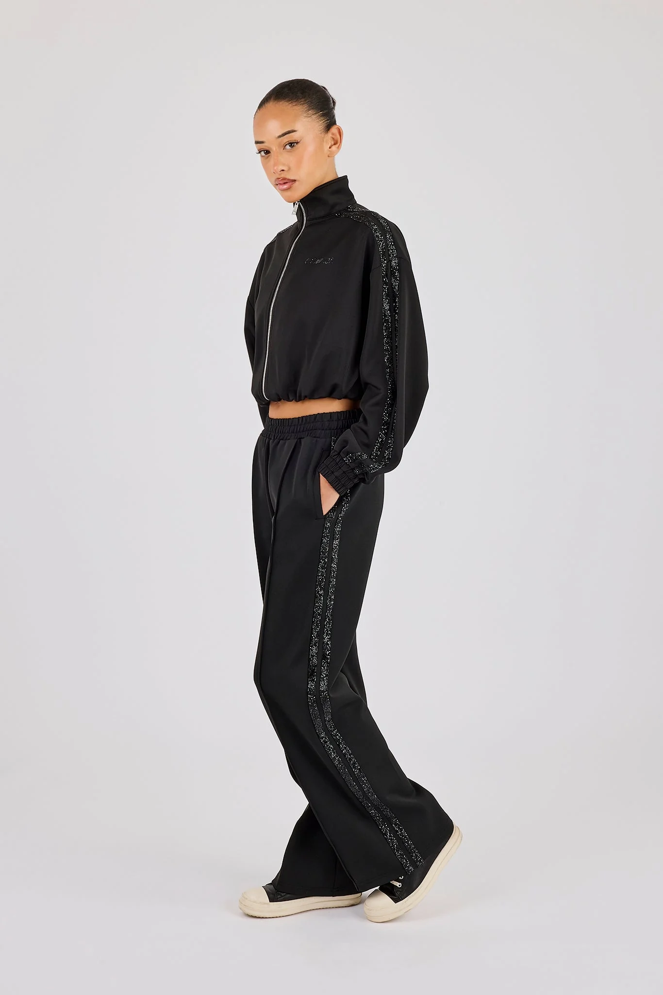 Rhinestone Taping Cropped Funnel Neck Tracksuit - Black - Image 2