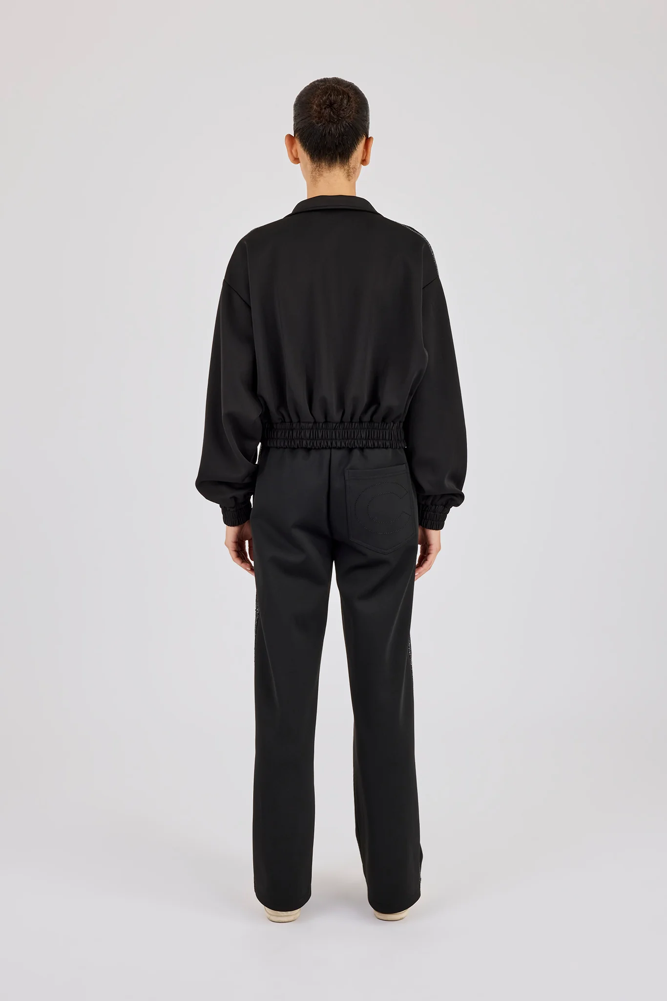 Rhinestone Taping Cropped Funnel Neck Tracksuit - Black - Image 3