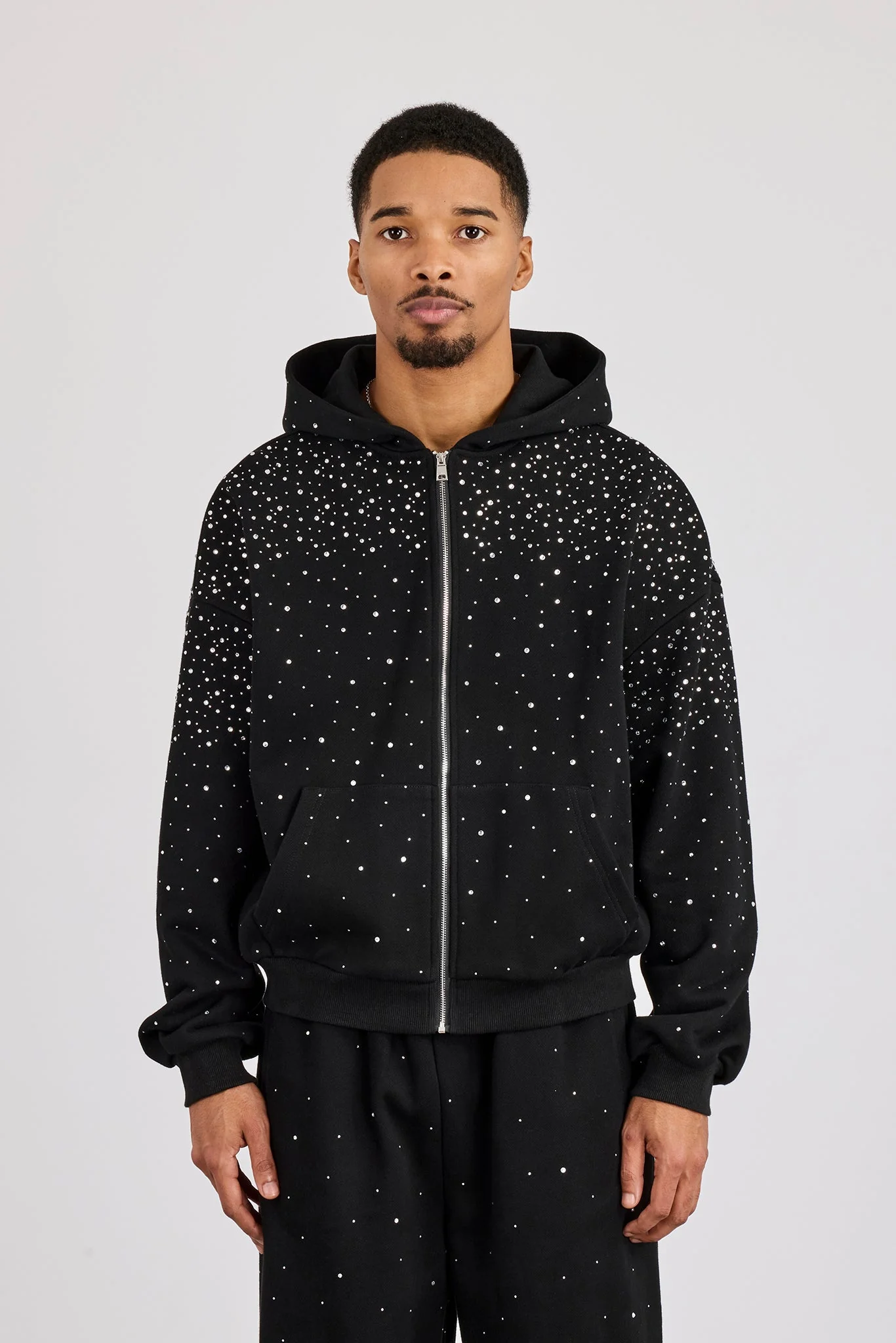 Rhinestone Zip Through Hoodie - Black - Image 3