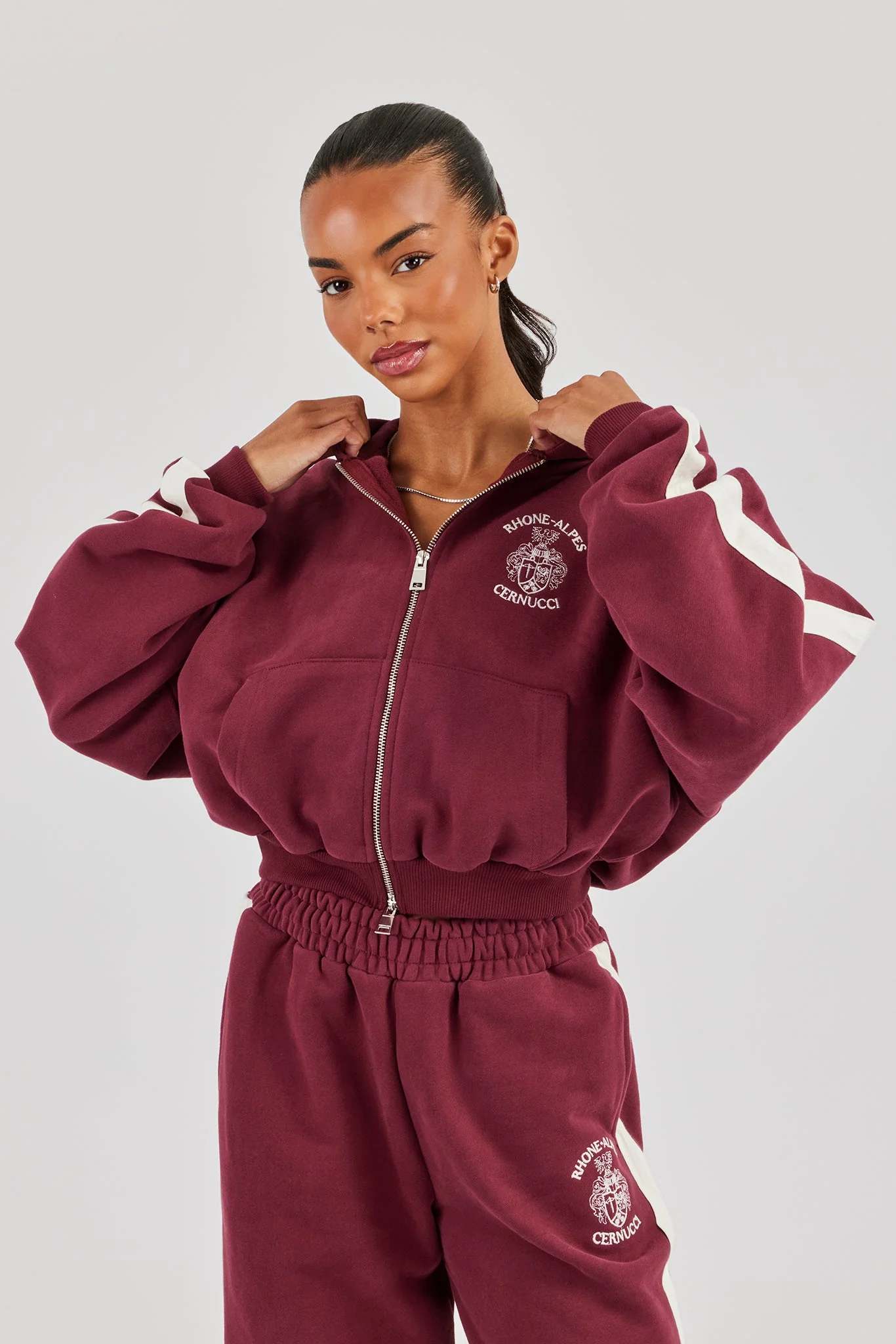 Rhone Alpes Boxy Zip Through Hoodie - Burgundy - Image 2