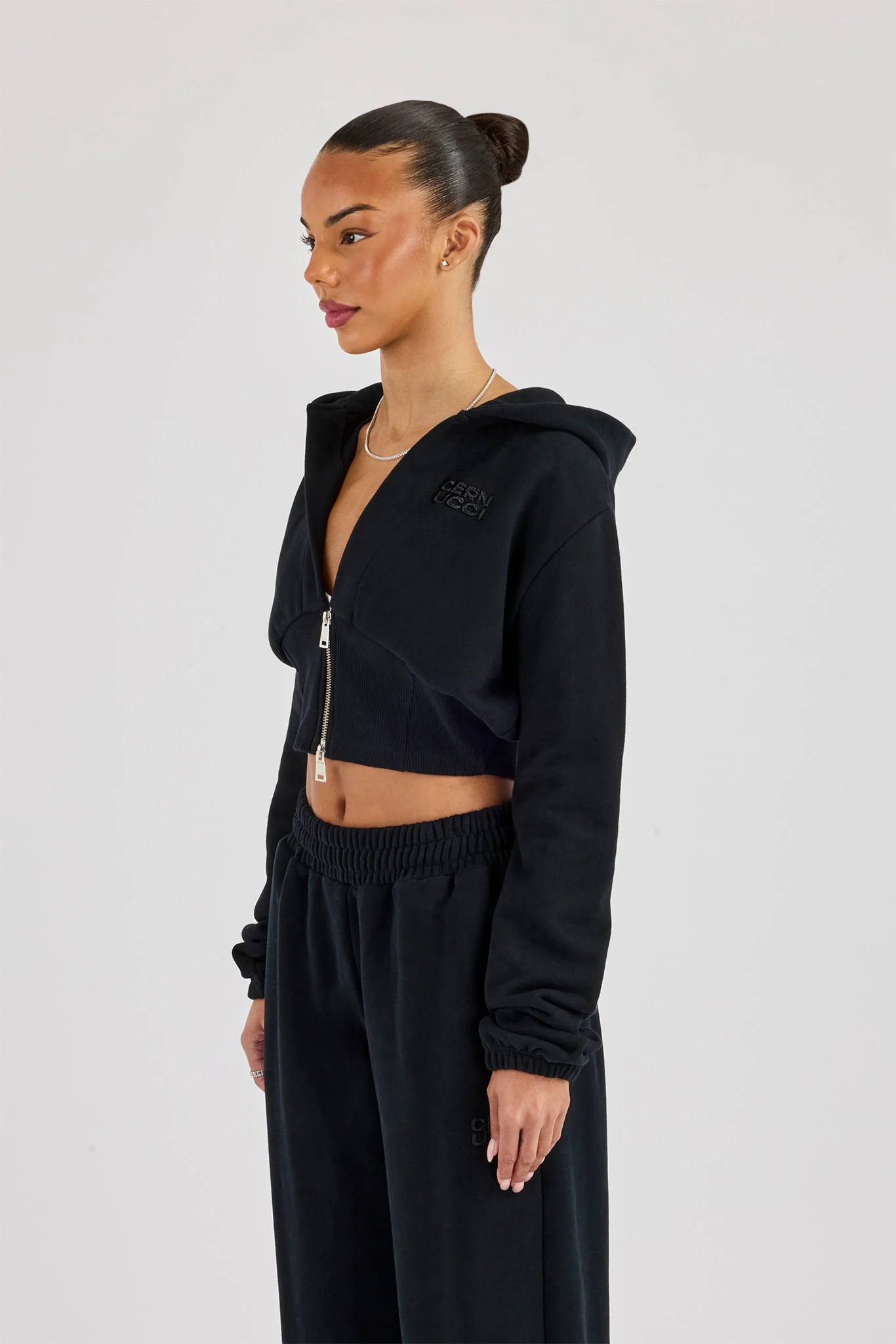 Rib Contrast Fitted Zip Hoodie - Black - Image 3
