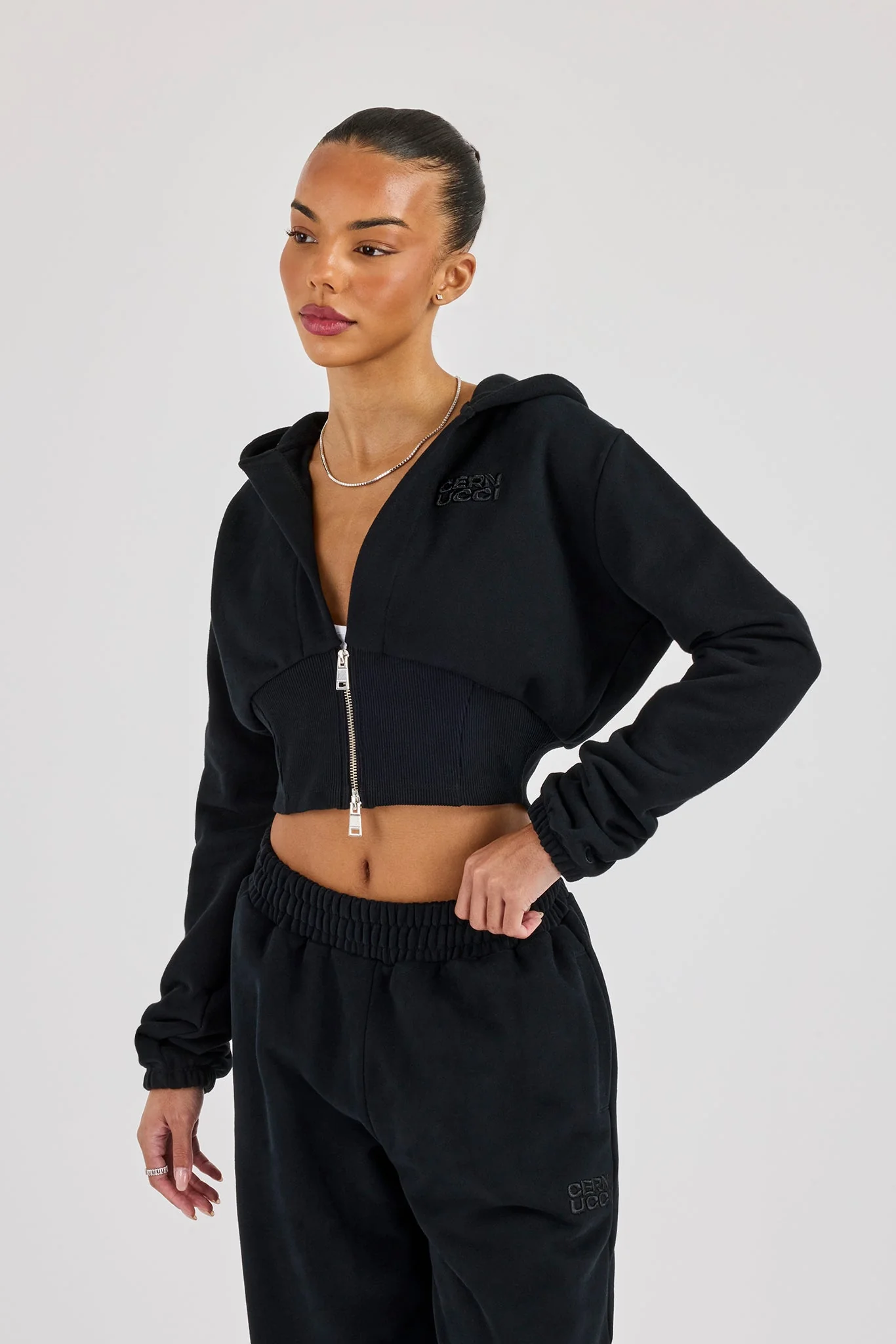 Rib Contrast Fitted Zip Hoodie - Black - Image 4