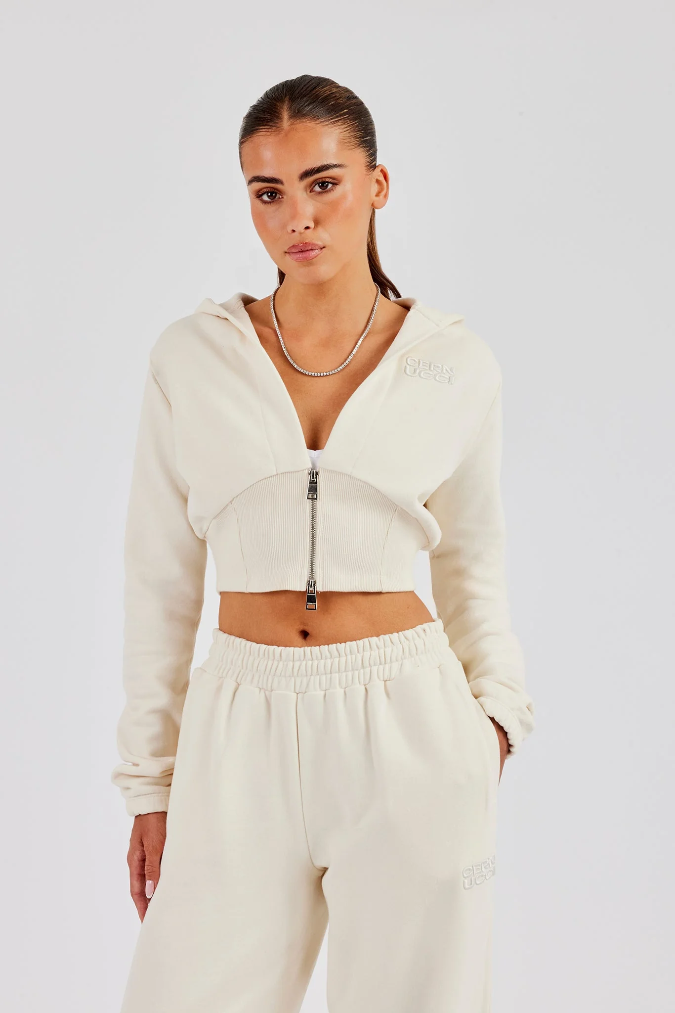 Rib Contrast Fitted Zip Hoodie - Off White