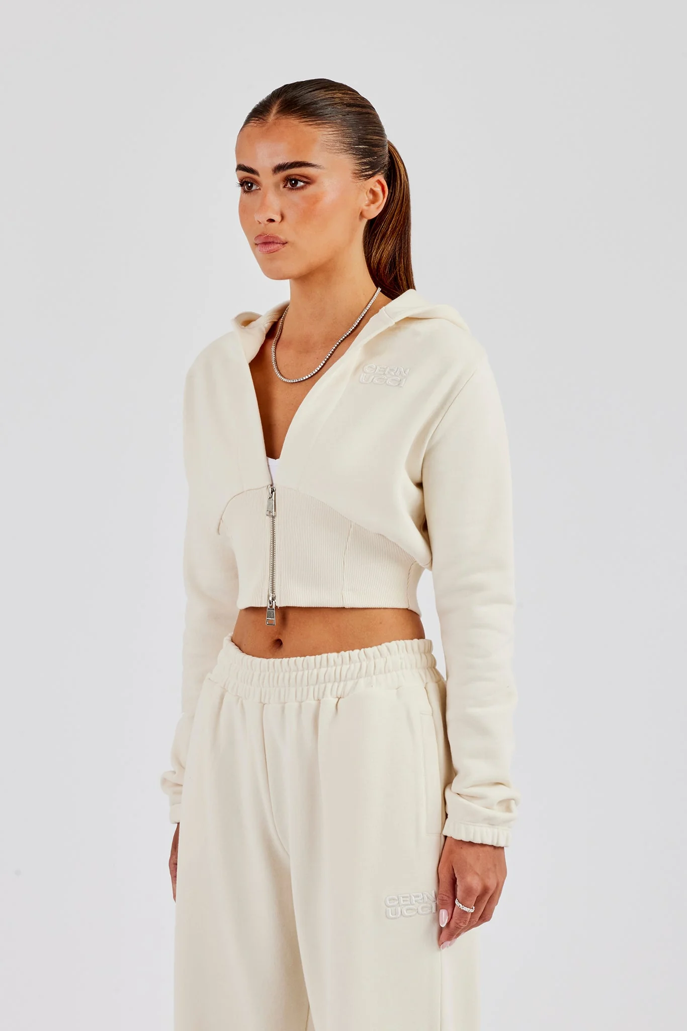 Rib Contrast Fitted Zip Hoodie - Off White - Image 2