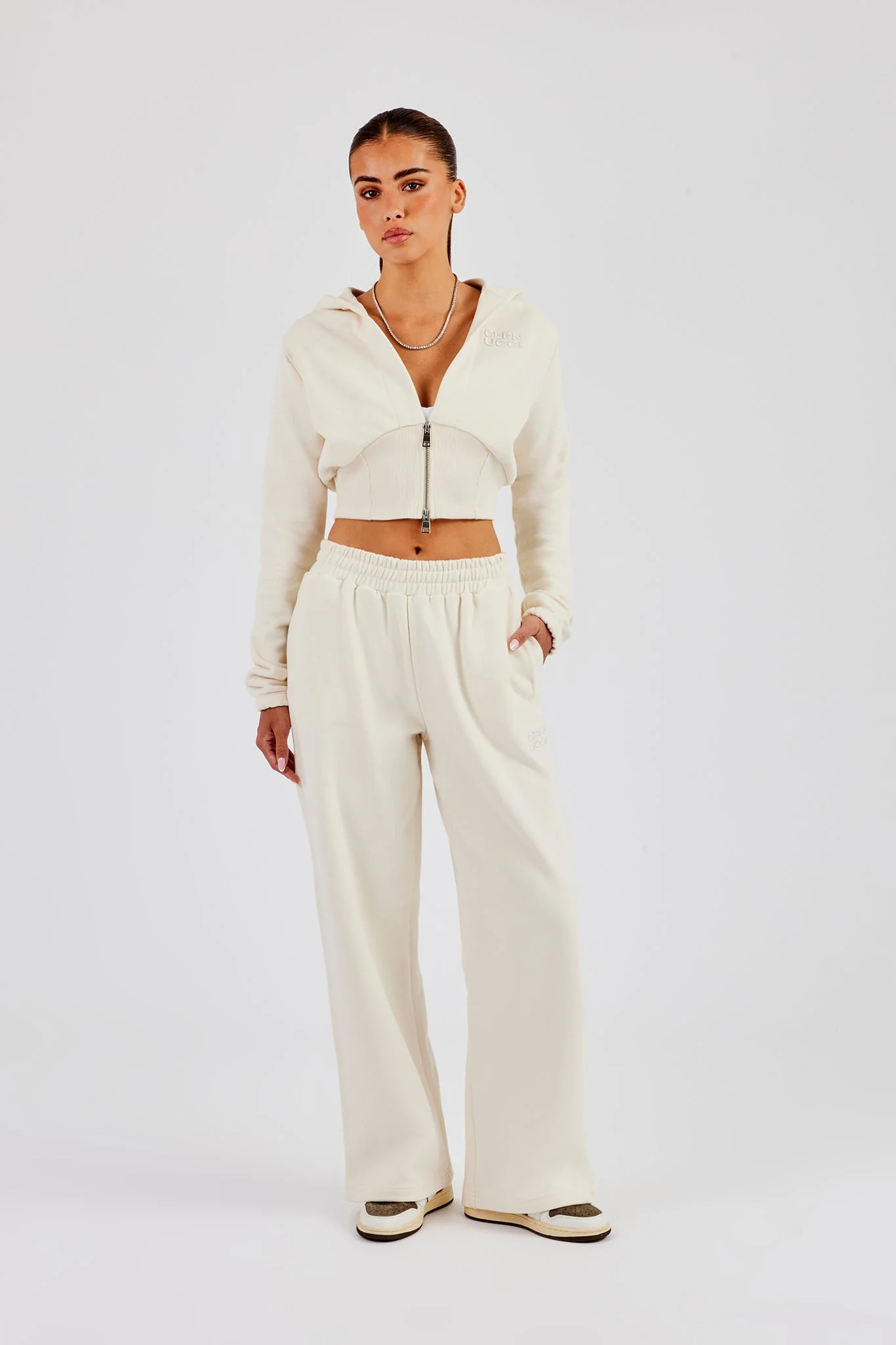 Rib Contrast Fitted Zip Hoodie & Wide Leg Jogger - Off White