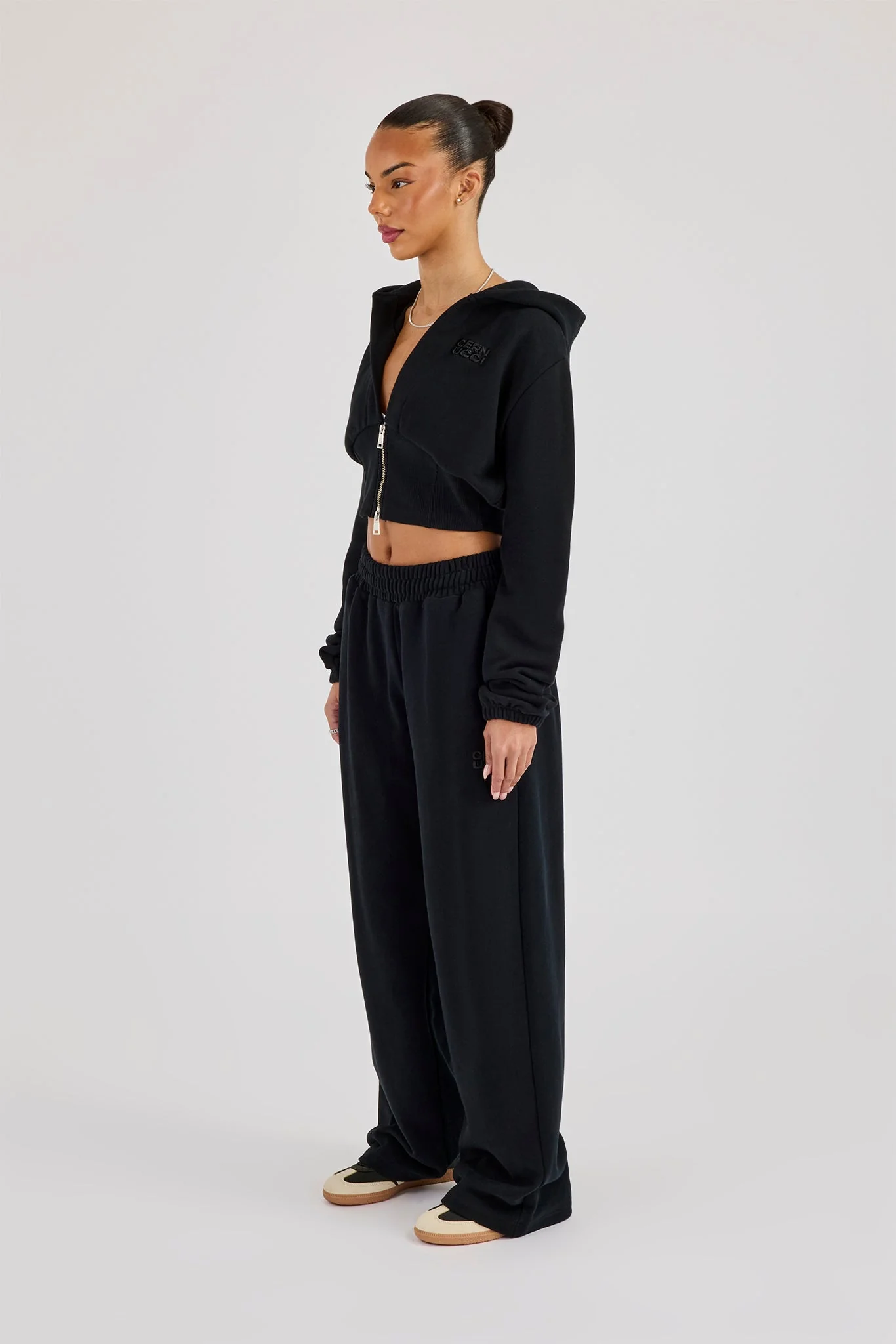 Rib Contrast Fitted Zip Tracksuit - Black - Image 2
