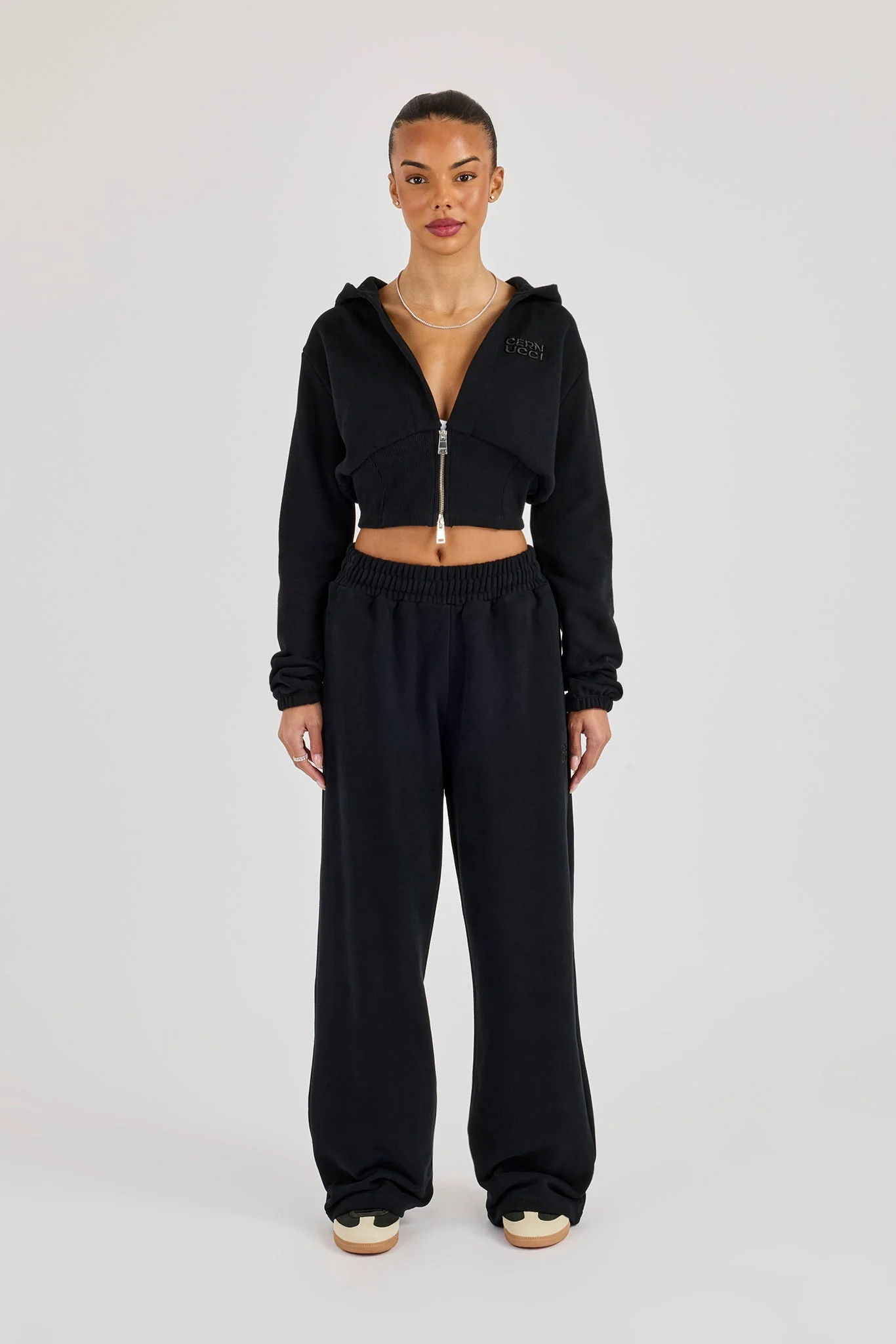 Rib Contrast Fitted Zip Tracksuit - Black - Image 4
