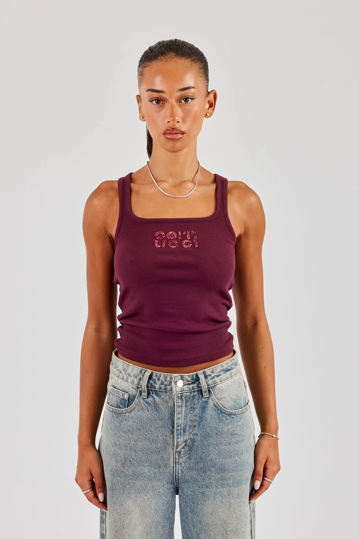 Rib Glitter Applique Vest - Burgundy - Image 2