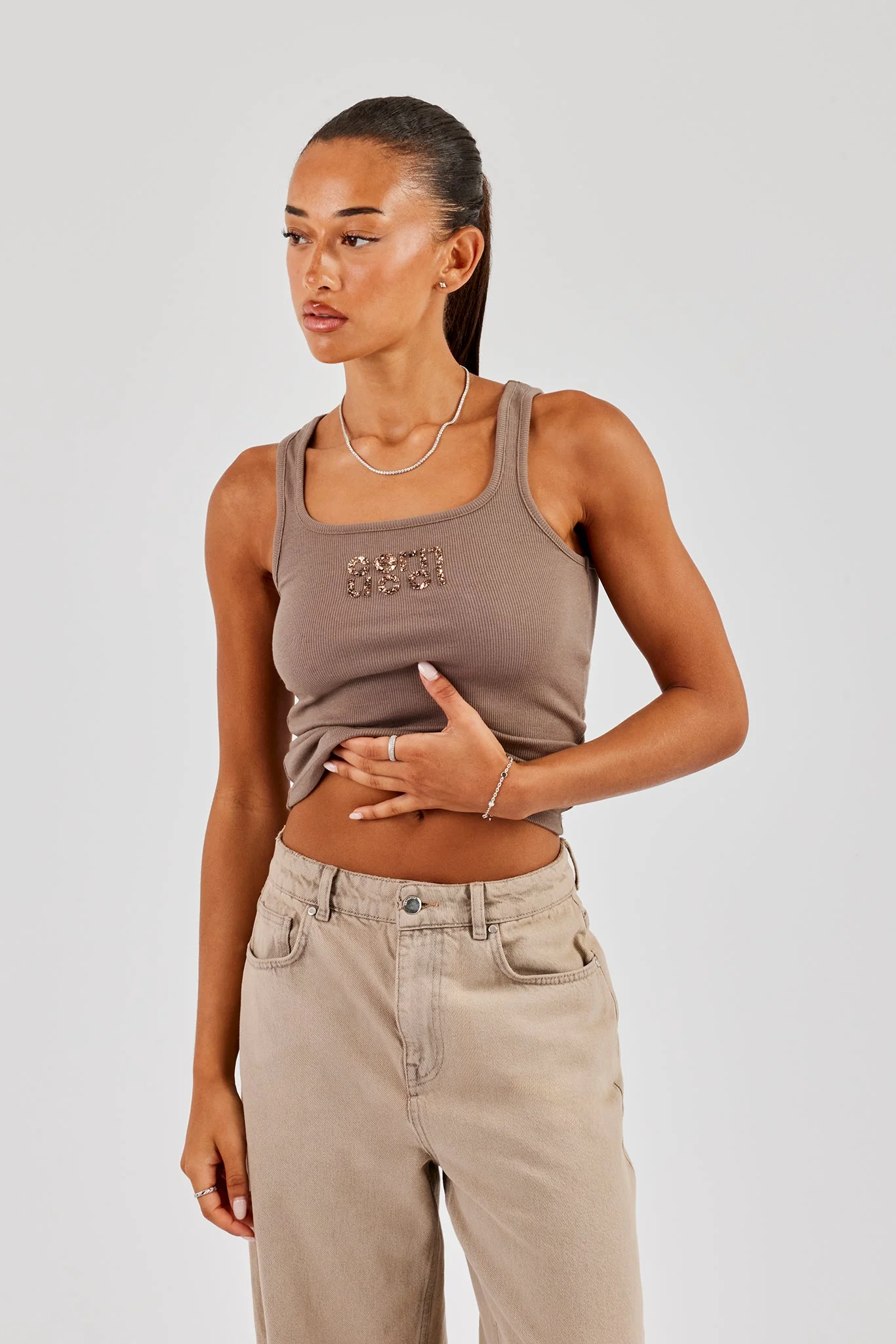 Rib Glitter Applique Vest - Taupe