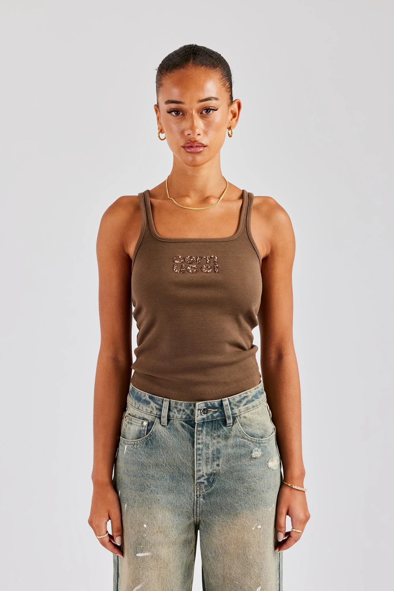 Rib Glitter Applique Vest Top Chocolate - Image 5