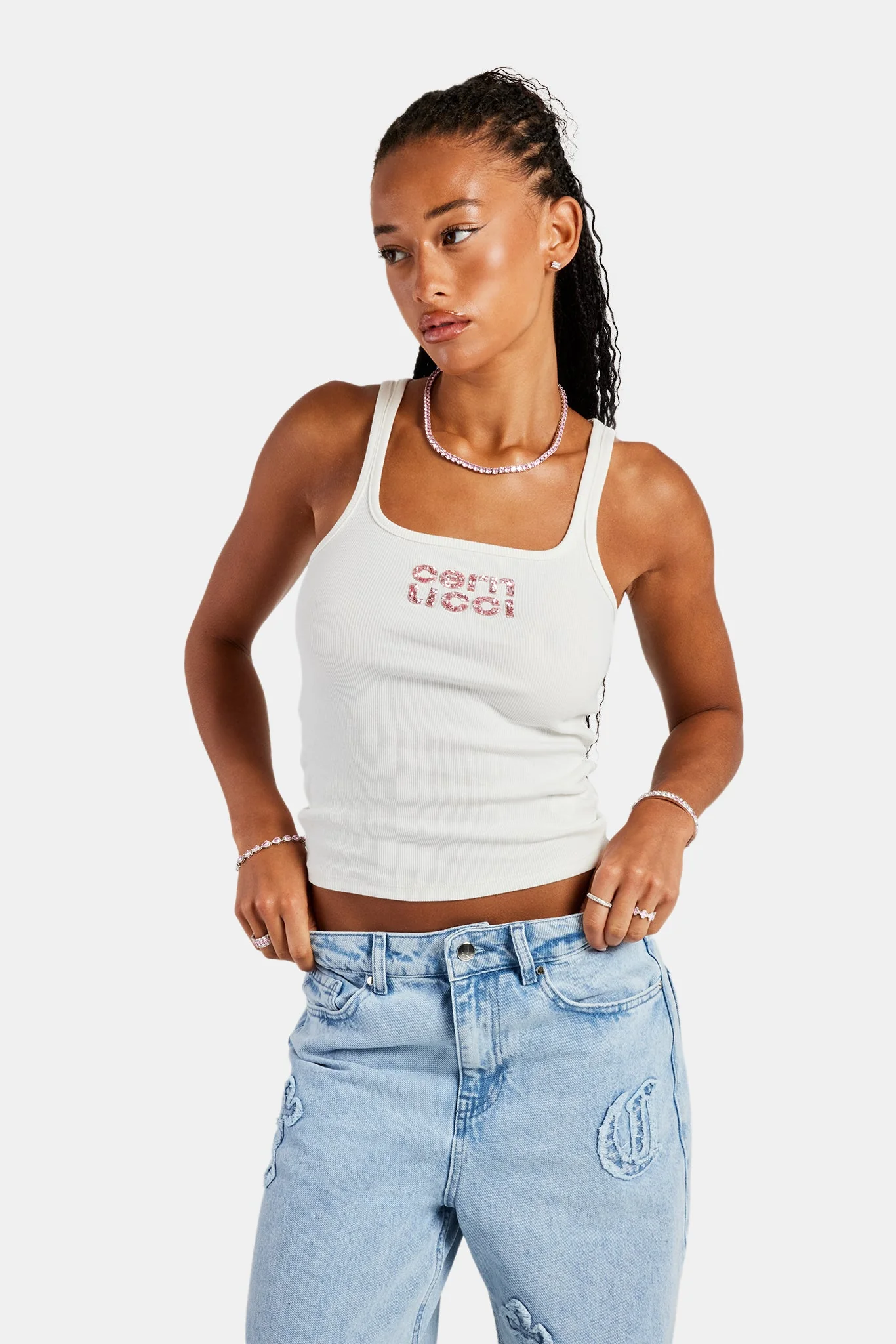 Rib Glitter Applique Vest Top White
