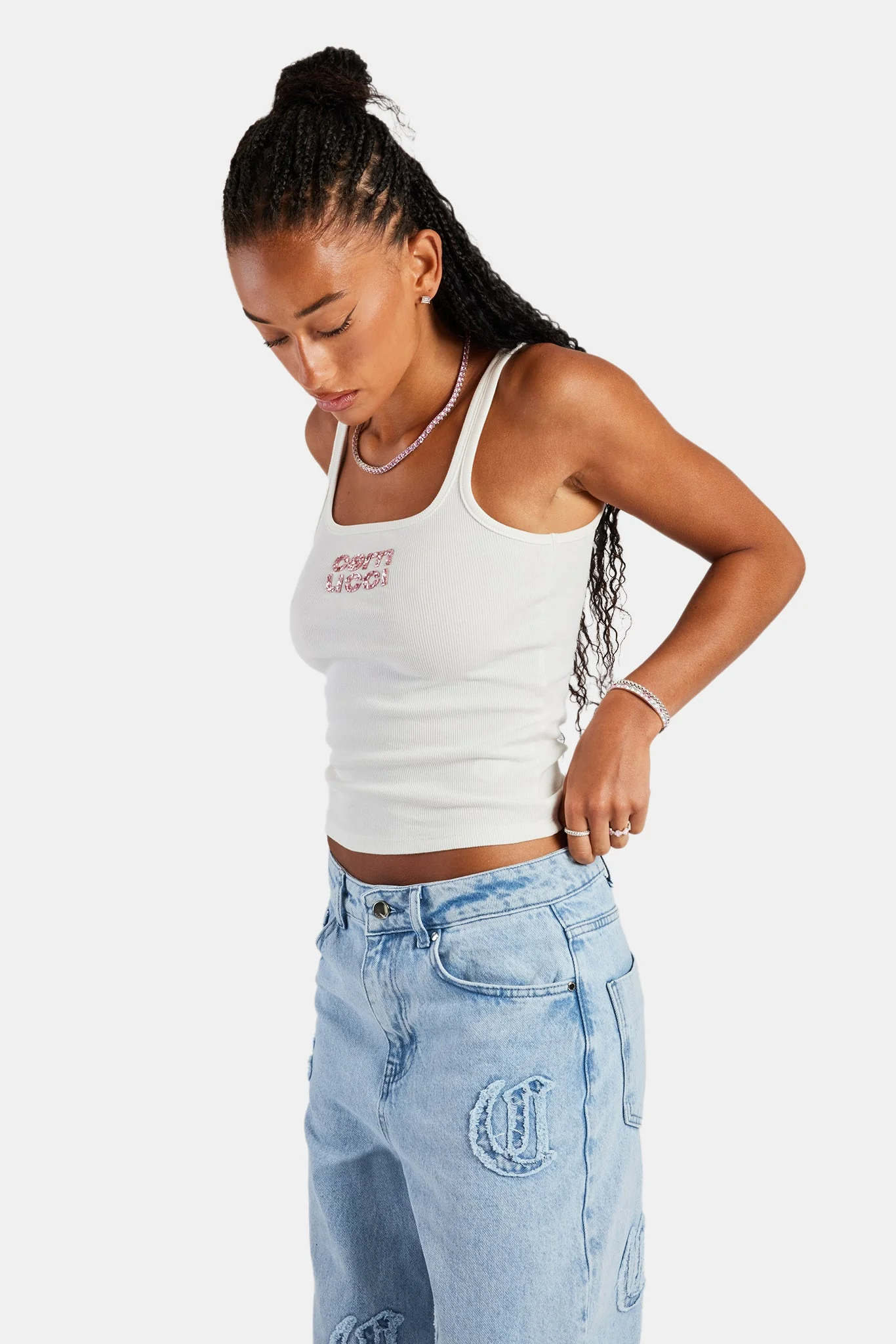 Rib Glitter Applique Vest Top White - Image 4