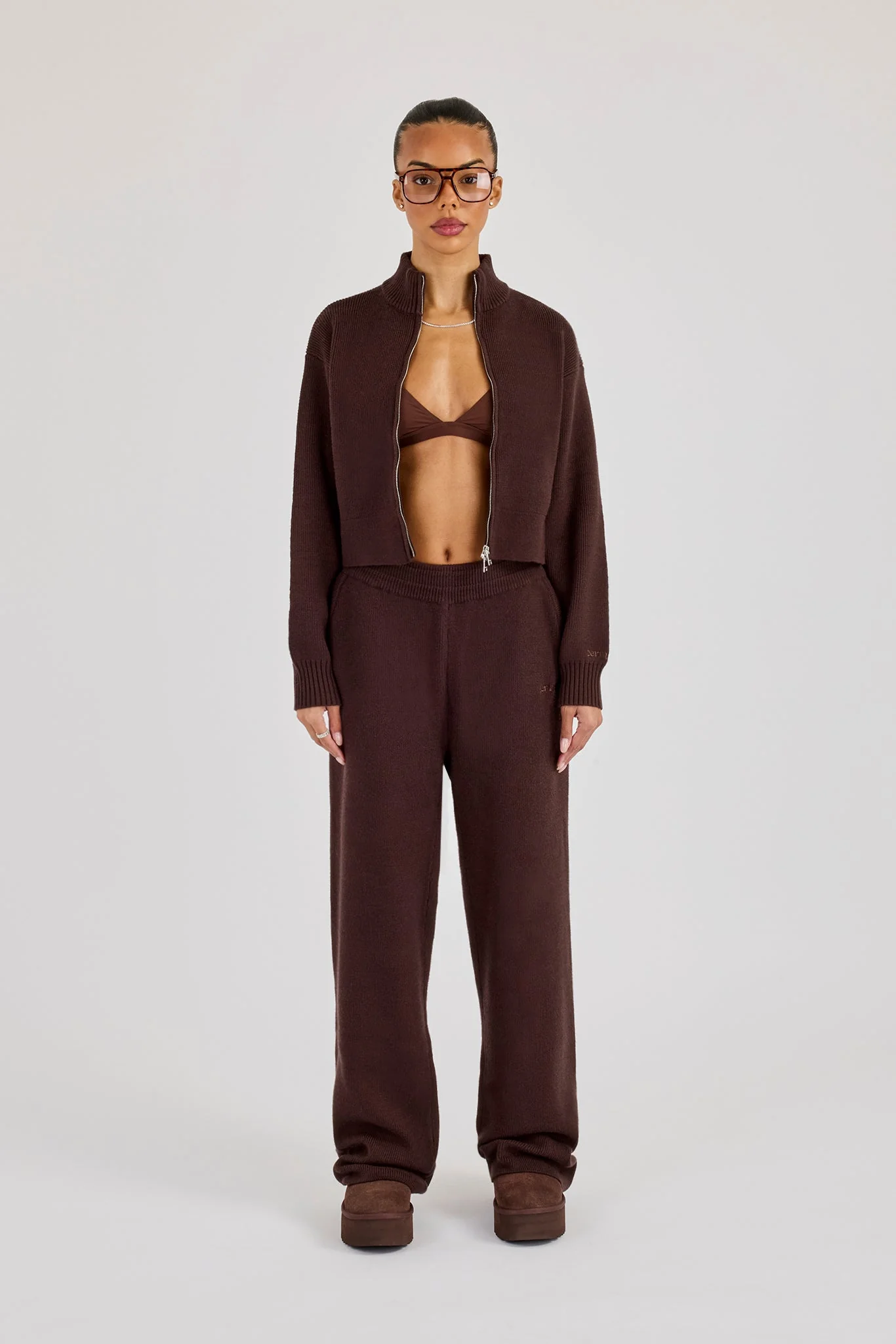 Rib Knit Zip Cropped Funnel Neck & Jogger - Brown - Image 2