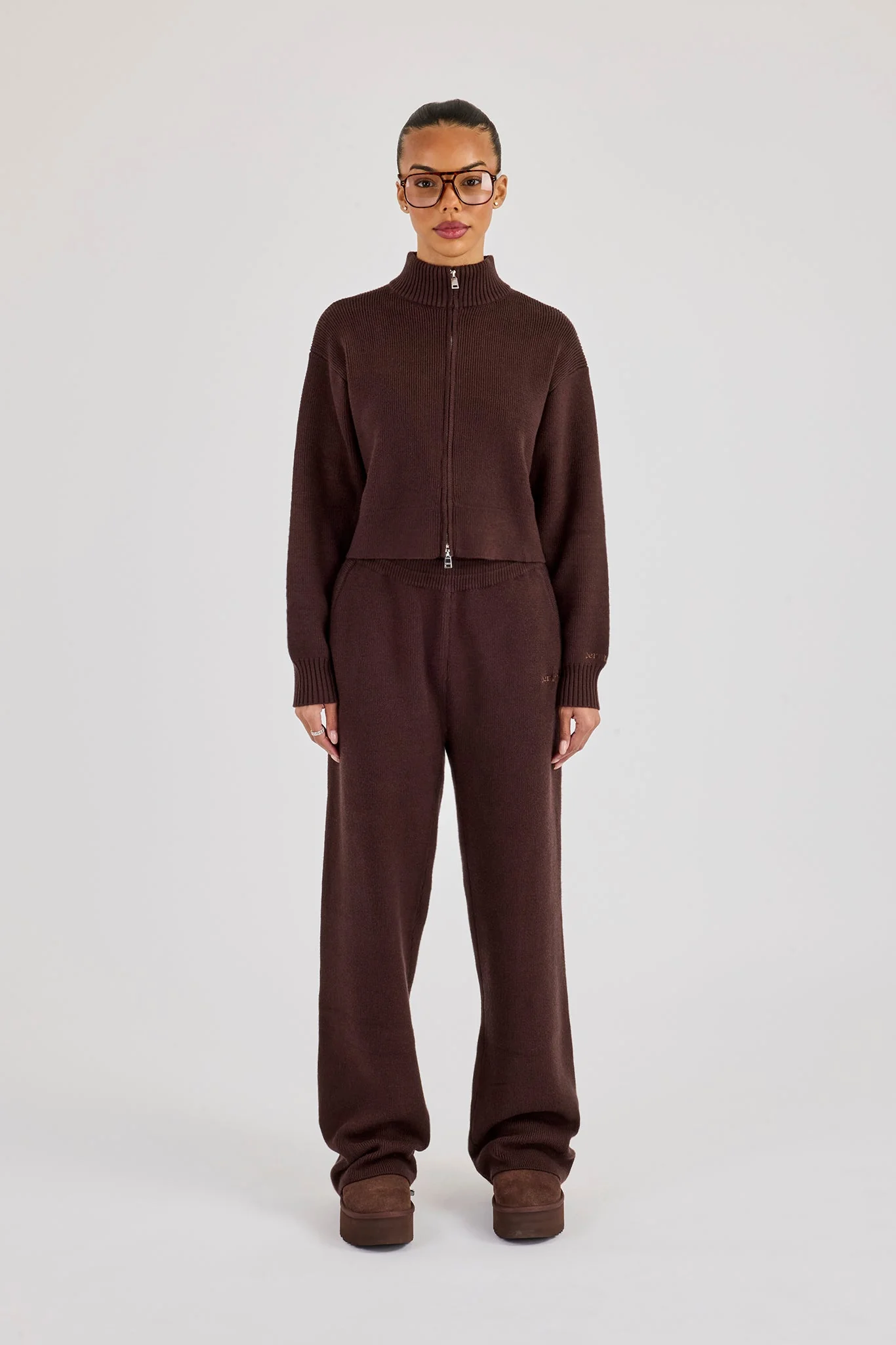 Rib Knit Zip Cropped Funnel Neck & Jogger - Brown - Image 6