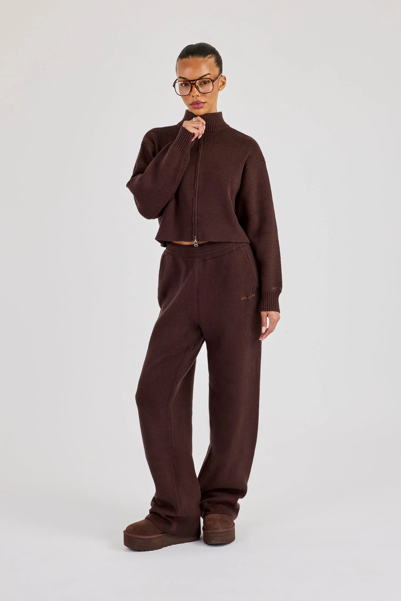 Rib Knit Zip Cropped Funnel Neck & Jogger - Brown - Image 8