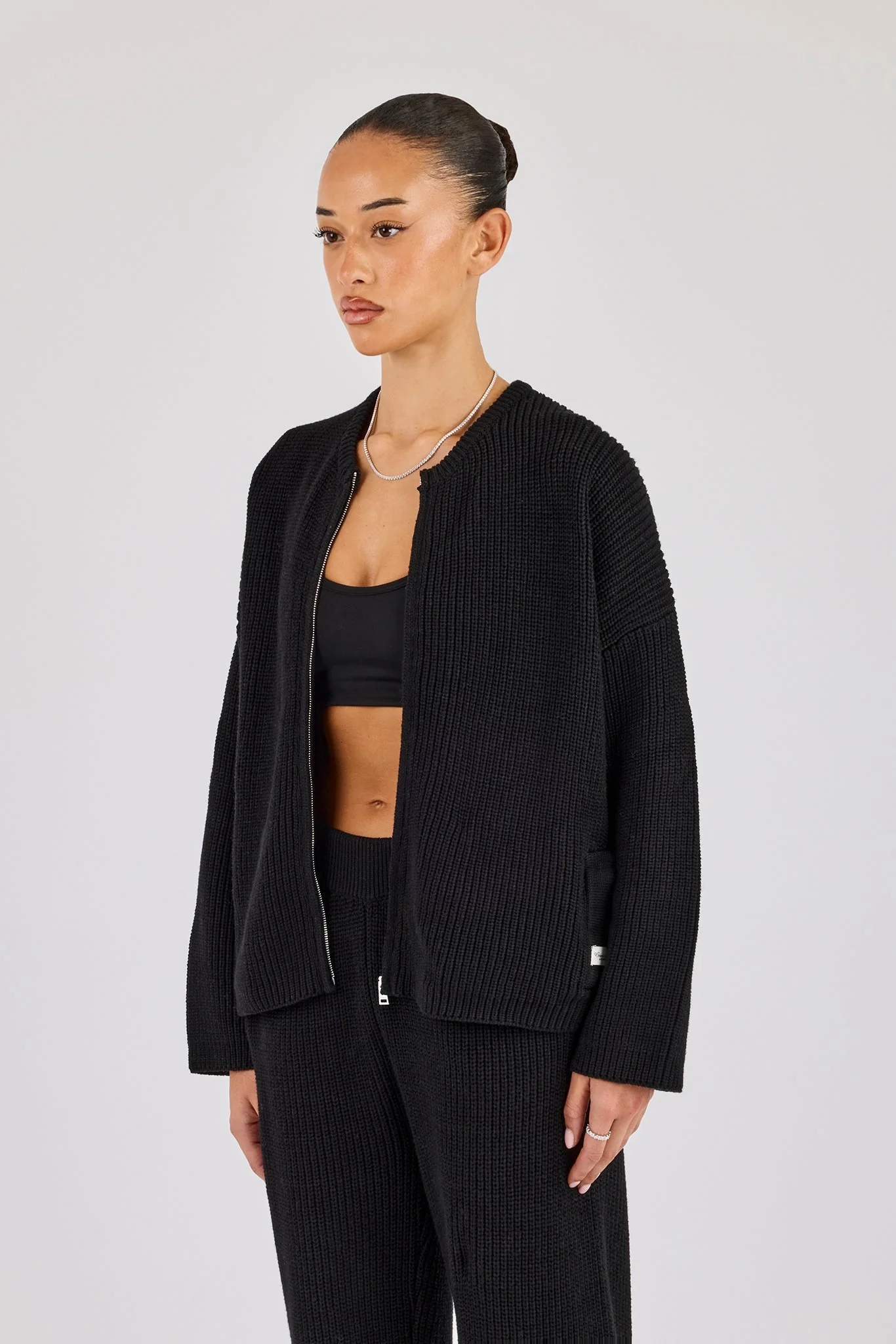 Ribbed Knit Collarless Bomber - Black - Image 2