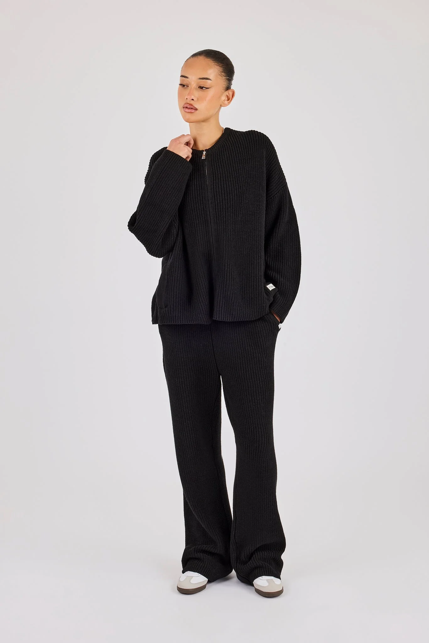 Ribbed Knit Collarless Bomber - Black - Image 4