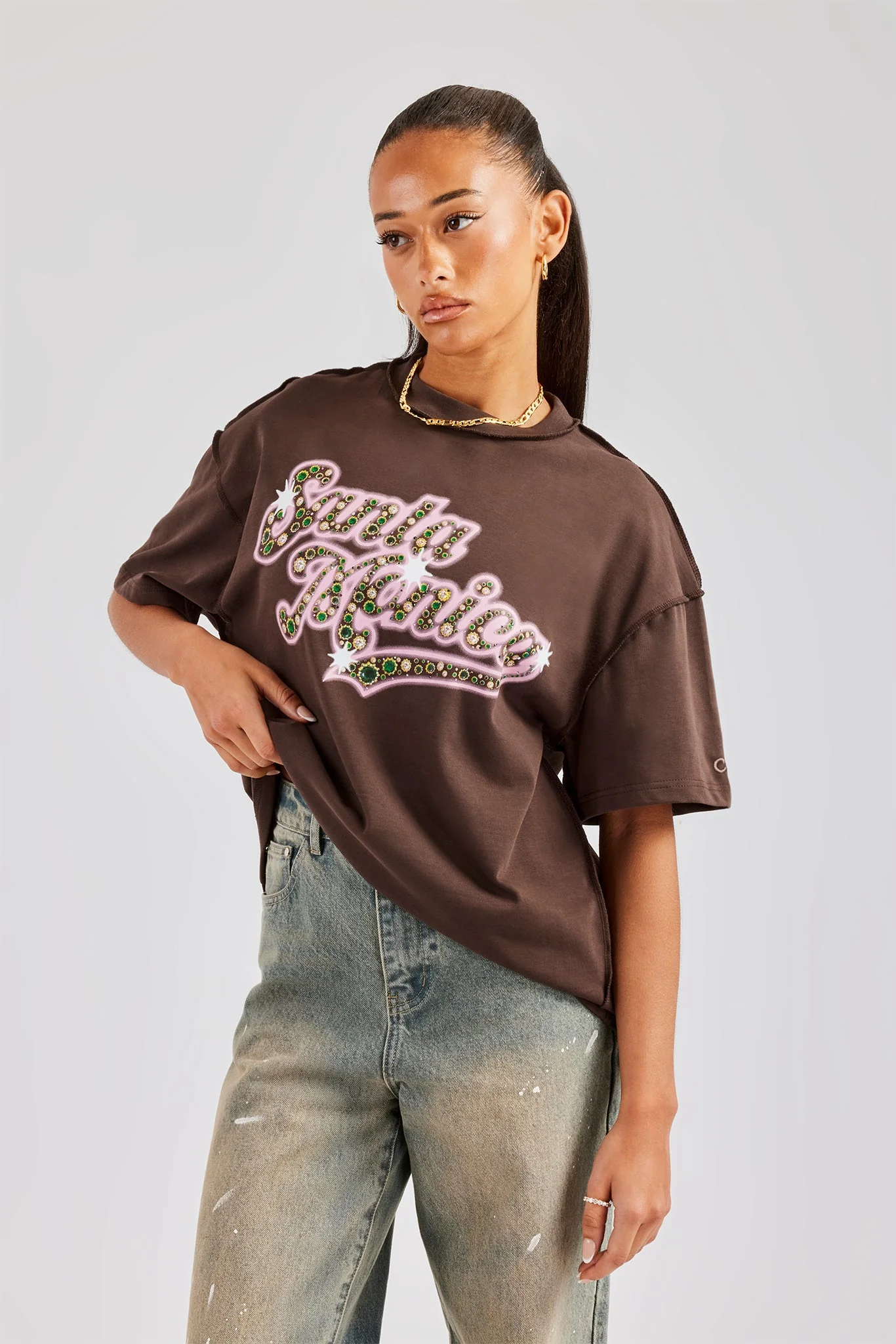 Santa Monica Rhinestone Oversized T-Shirt - Chocolate - Image 3