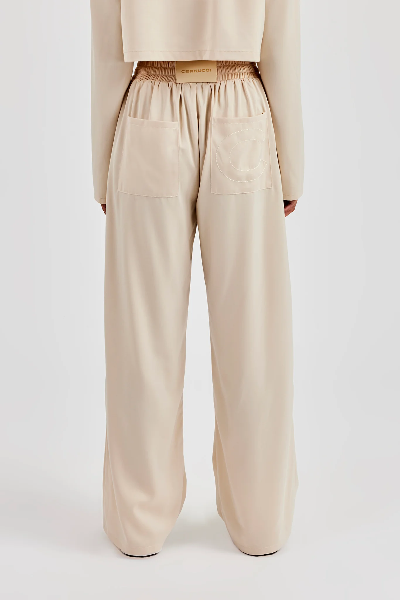 Satin Wide Leg Trouser - Beige - Image 3