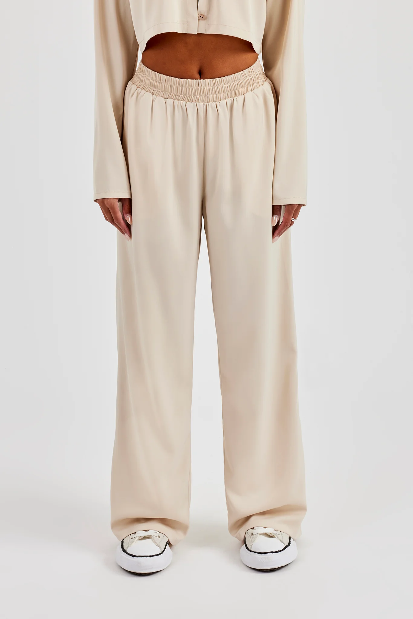 Satin Wide Leg Trouser - Beige - Image 4