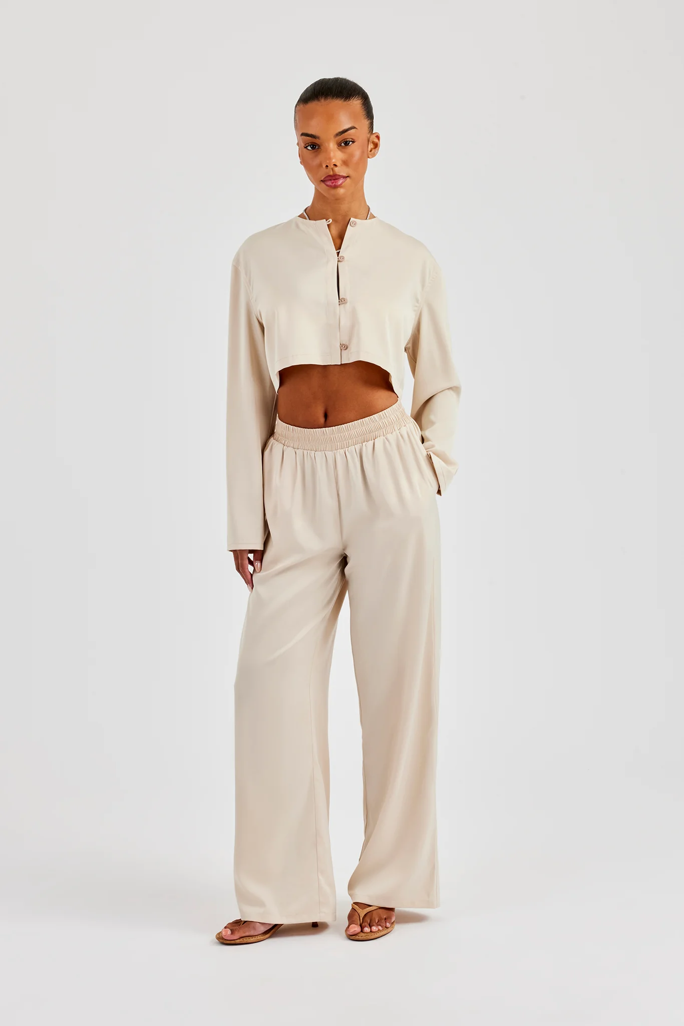 Satin Wide Leg Trouser - Beige - Image 5